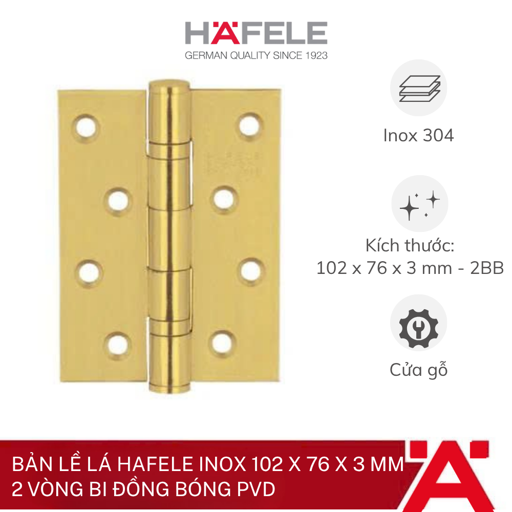 Bản lề lá Hafele inox 102 x 76 x 3 mm 2 vòng bi Đồng bóng PVD 489.05.022
