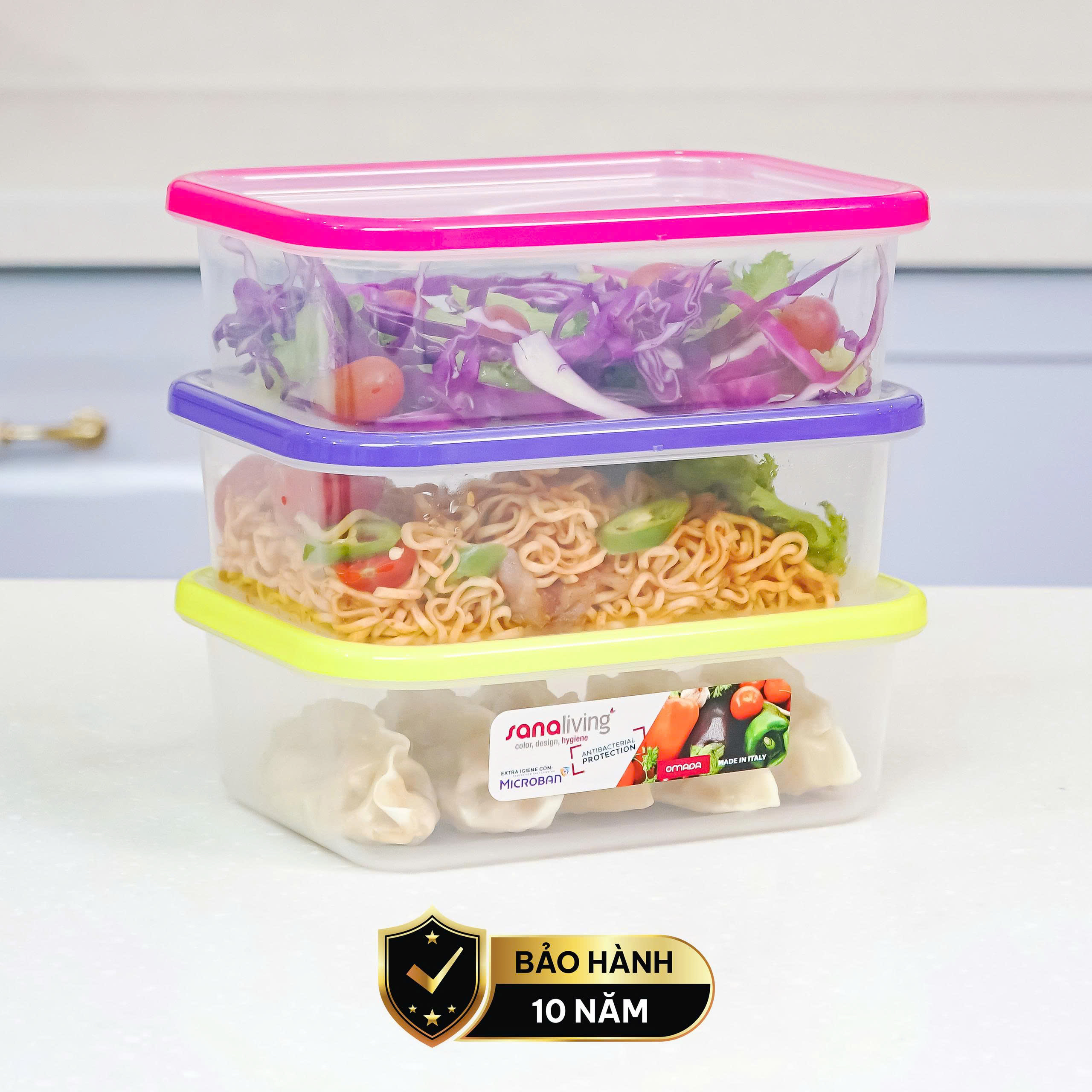 Set 3 Hộp đựng thực phẩm Kháng khuẩn 1000 ml  Sanaliving cao cấp OMADA - Model: S2321CA