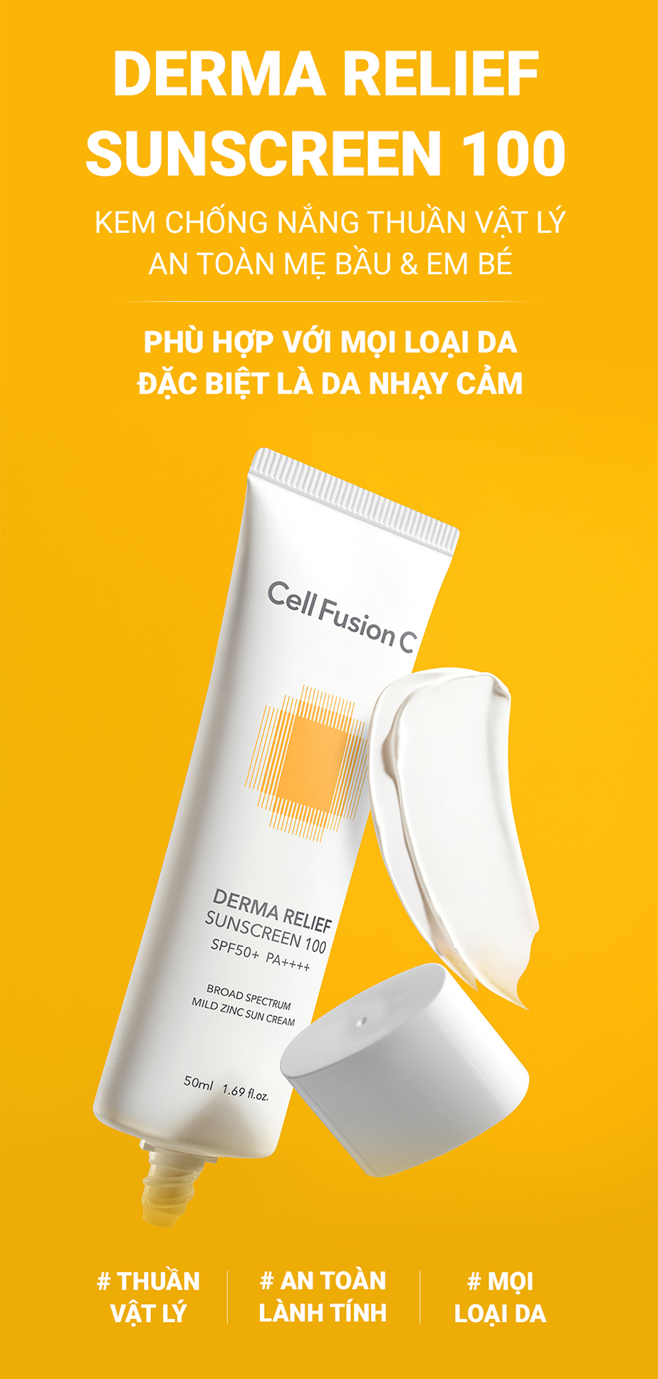 Kem chống nắng an toàn cho mọi loại da Cell Fusion C Derma Relief Sunscreen 100 SPF50+/PA++++ 50ml