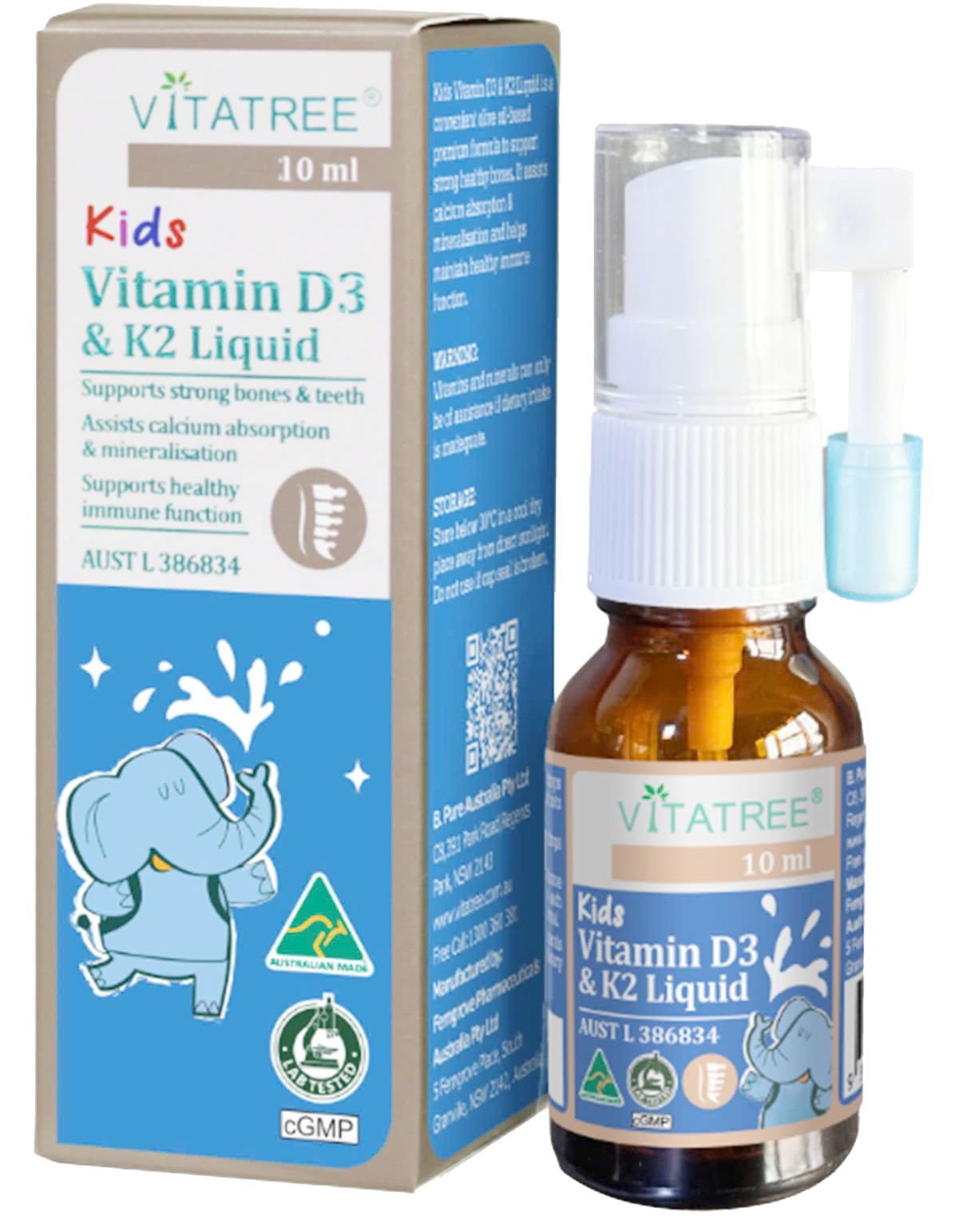 Vitatree Kids Vitamin D3K2 dạng xịt 10ml - Hỗ trợ hấp thu canxi, xương răng chắc khỏe cho bé - Phân phối chính hãng
