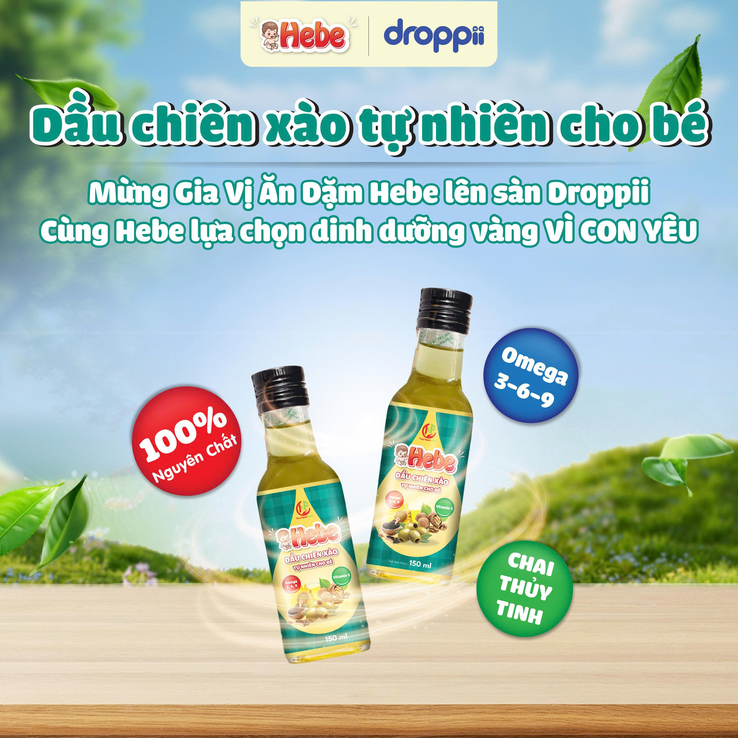 Dầu chiên xào tự nhiên cho bé HEBE chịu nhiệt 200°C (chai 150ml) - Phân phối chính hãng