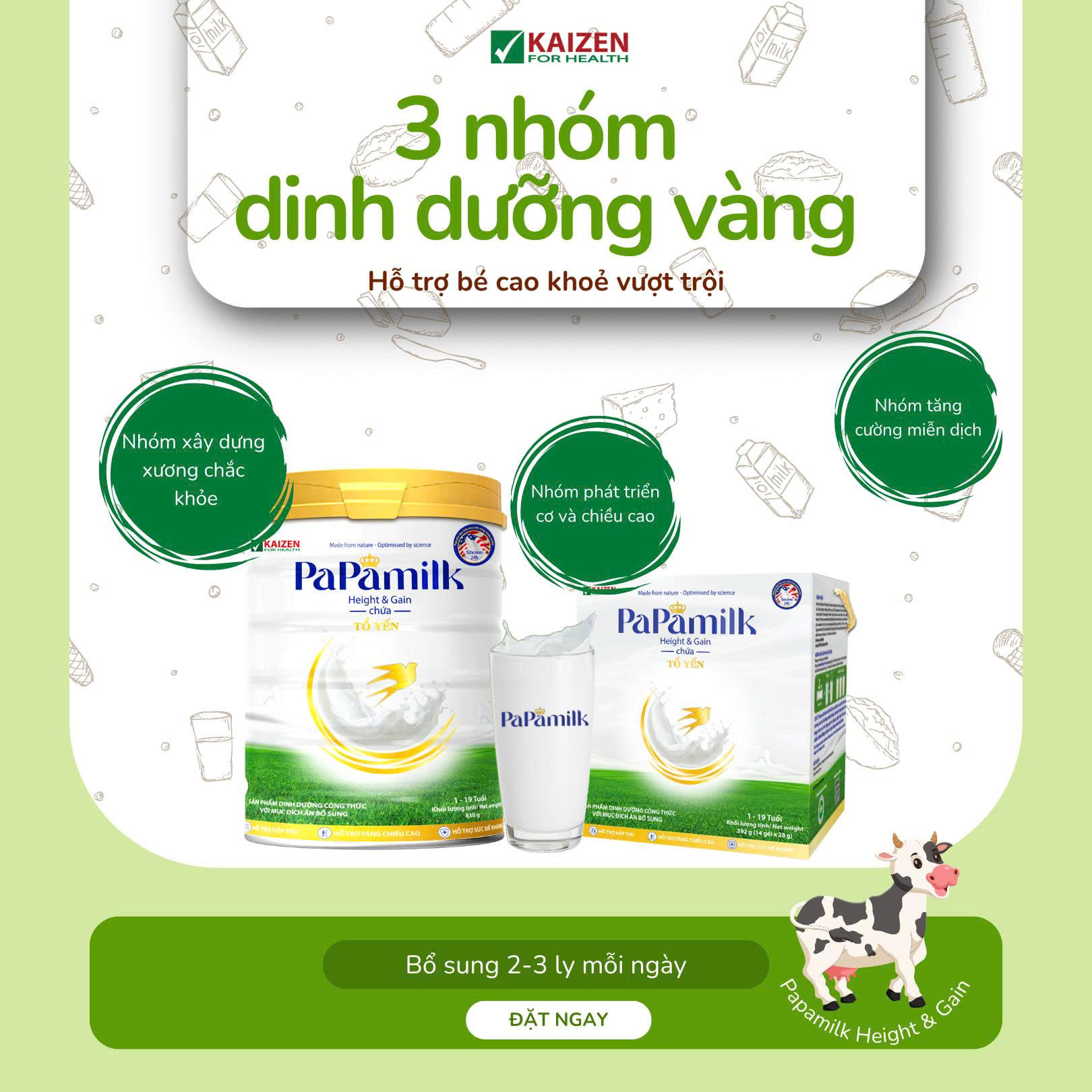 Sữa non tổ yến Papamilk Height & Gain giúp tăng cân tăng chiều cao cho Trẻ từ 1-19 tuổi (14gói x 28g)