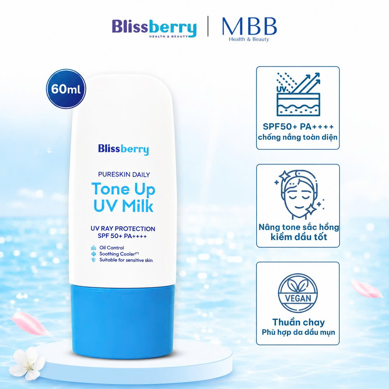 Kem chống nắng nâng tone kiềm dầu SPF50+, PA++++ Blissberry 60ml