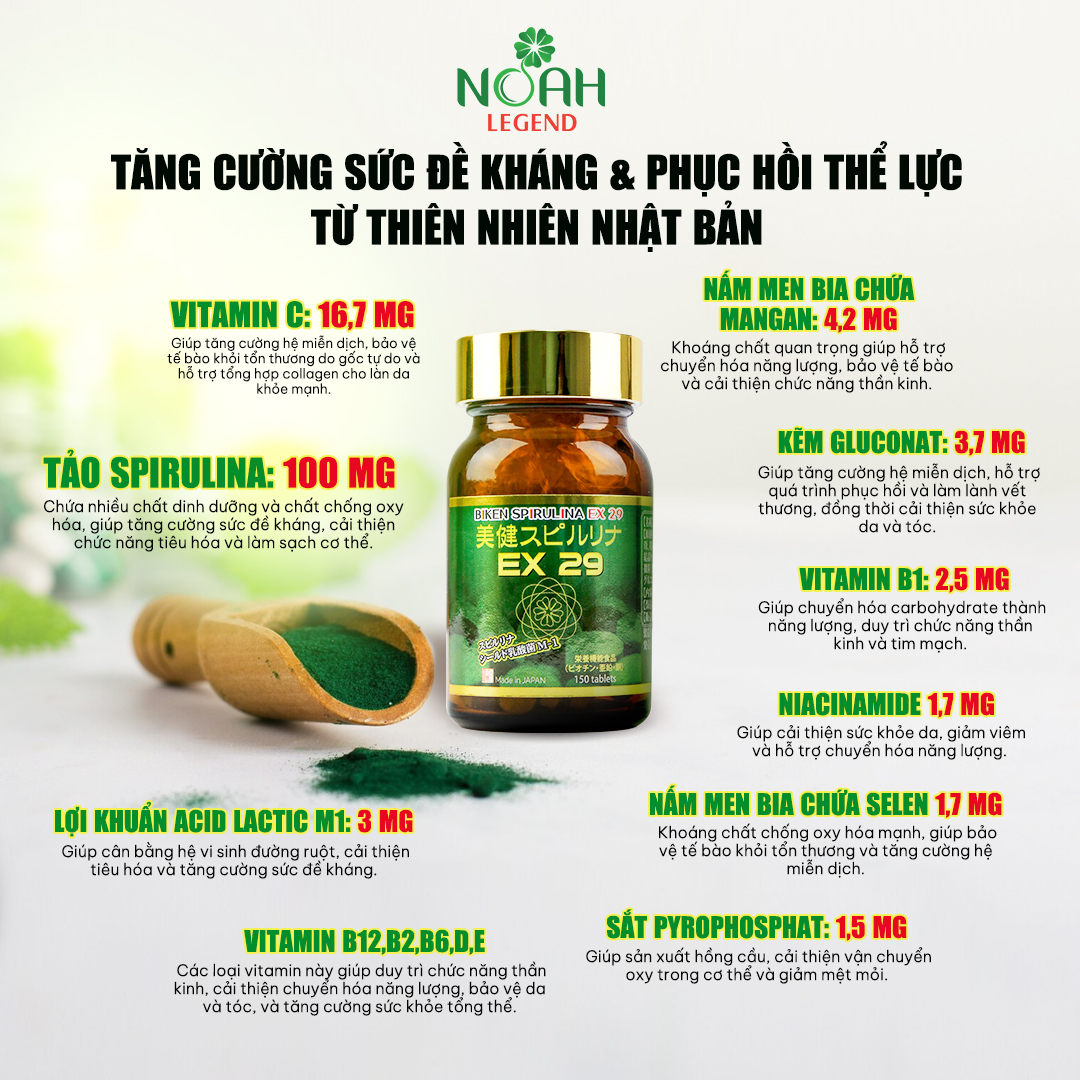 Viên uống tăng cường sức đề kháng và phục hồi thể lực BIKEN SPIRULINA EX 29