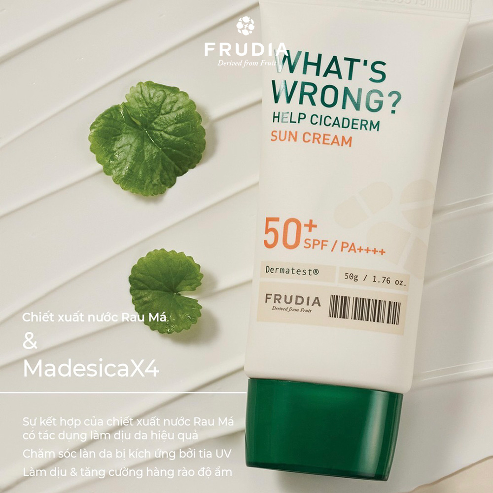 Kem chống nắng thuần chay chiết xuất Rau Má Frudia what's wrong help Cicaderm sun cream SPF50+/PA++++50g-duoc-ban-tai-Siêu Thị Ánh Nguyệt