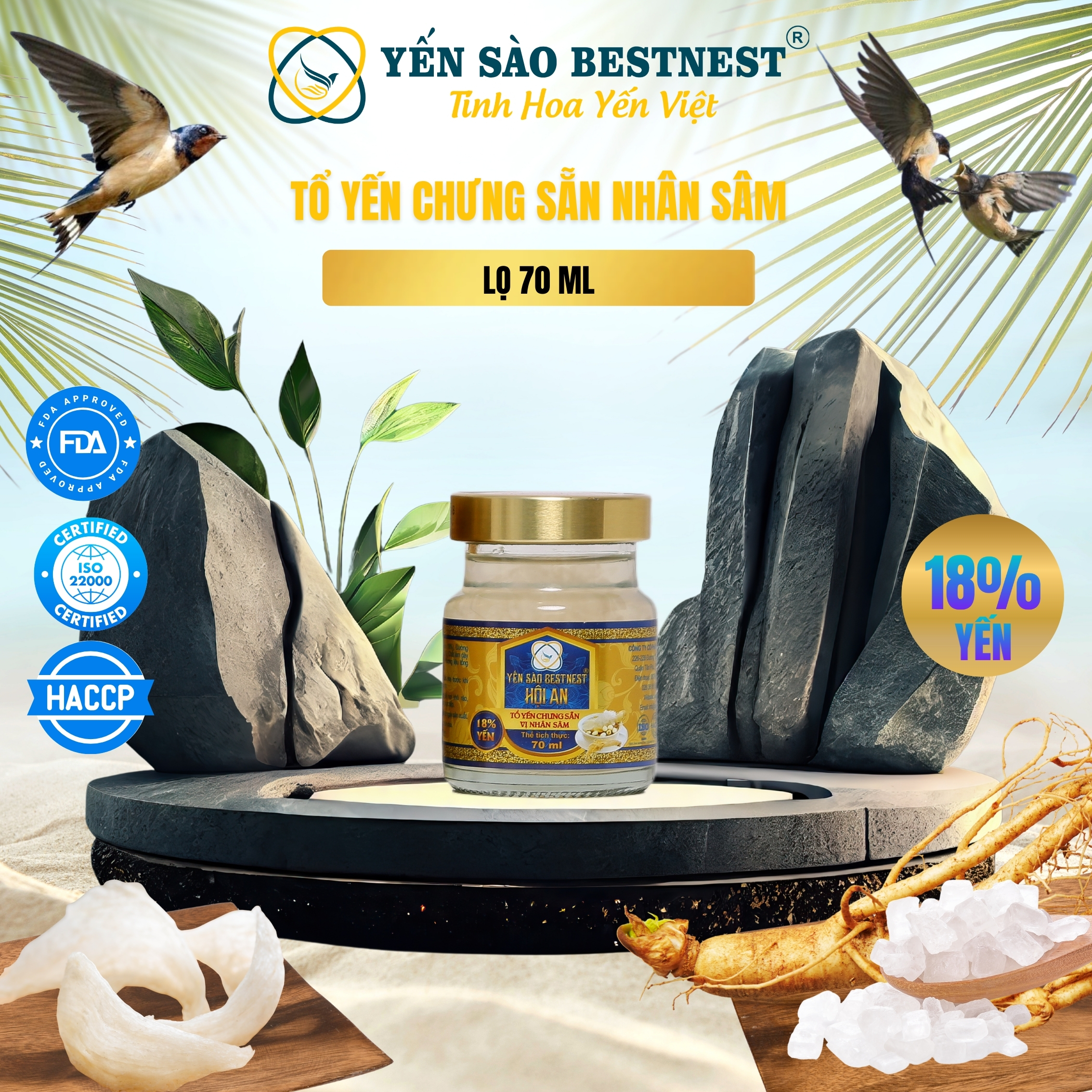 Thùng 30 hũ Yến Sào Chưng Sẵn Bestnest Hội An 18% Ngũ Vị (6 hũ Đường Phèn - 6 hũ Kid - 6 hũ Đông trùng hạ thảo - 6 hũ Nhân Sâm - 6 hũ Ăn Kiêng)