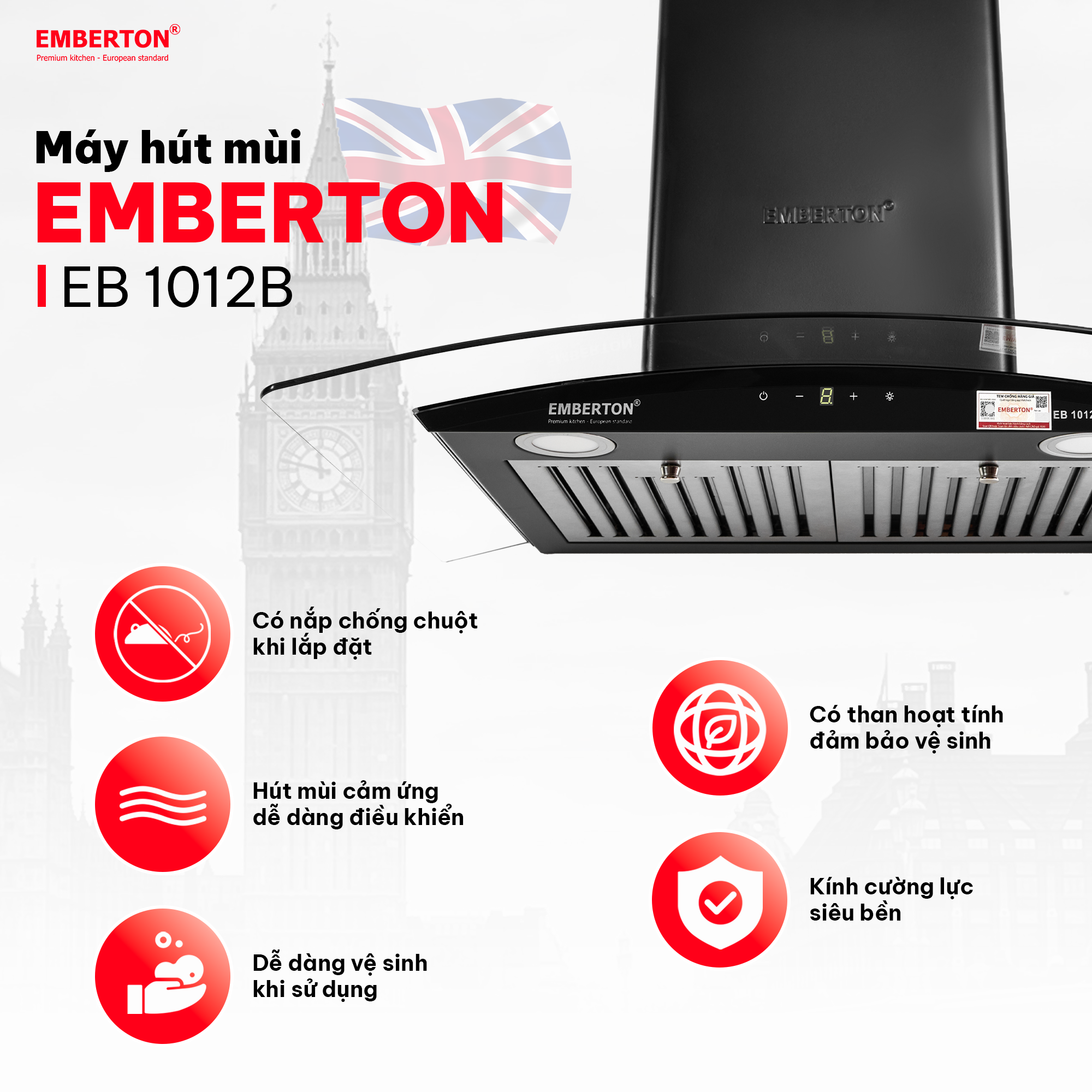Máy hút mùi kính cong cảm ứng Emberton EB 1012B - 70cm