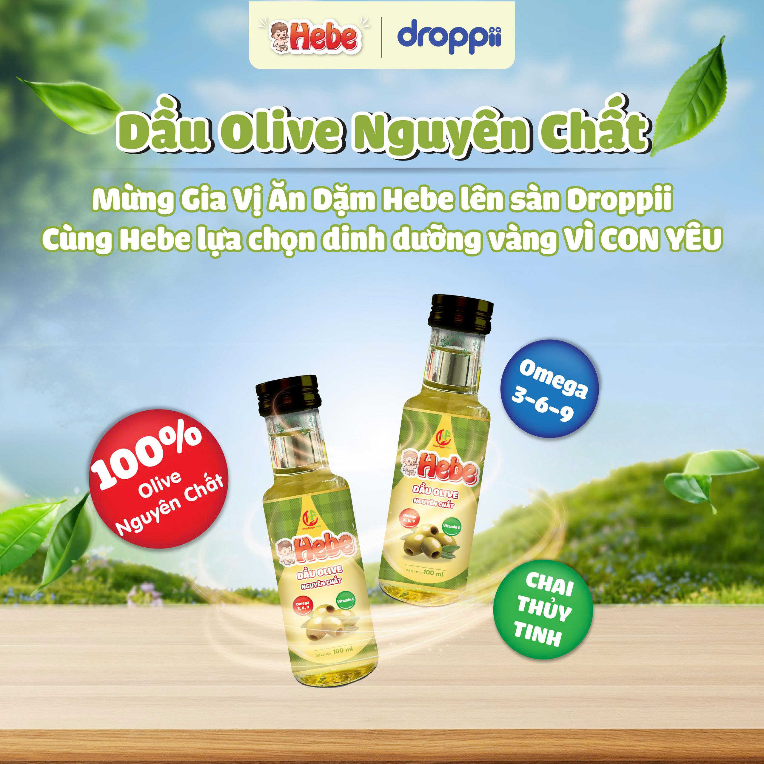 Dầu olive extra virgin HEBE nguyên chất nhập khẩu 100% từ Ý (chai 100ml) - Phân phối chính hãng