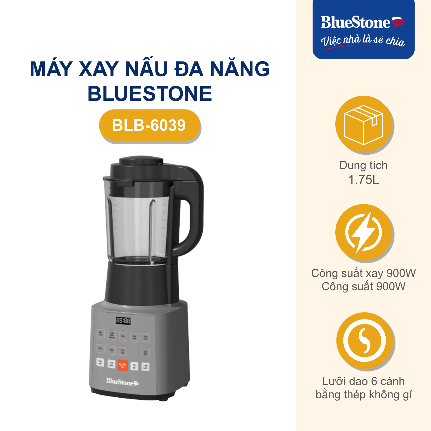 Máy Xay Nấu Đa Năng BlueStone BLB-6039 1.75 Lít 900W - Phân phối chính hãng