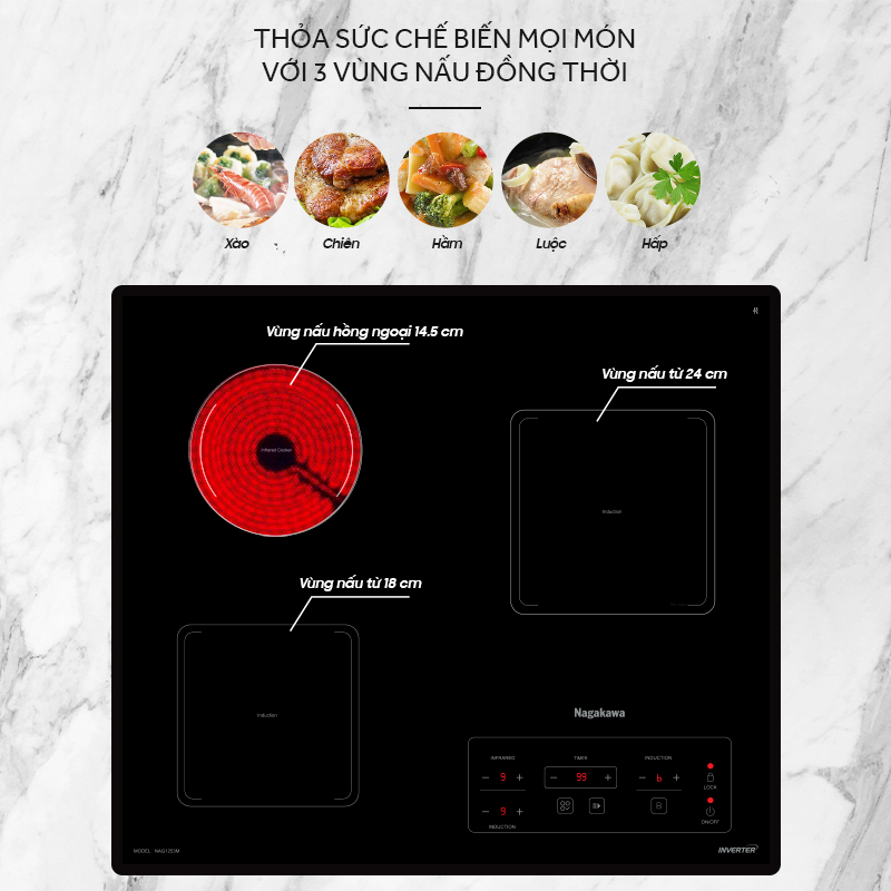 Bếp ba 2 điện từ 1 hồng ngoại Nagakawa NAG1253M