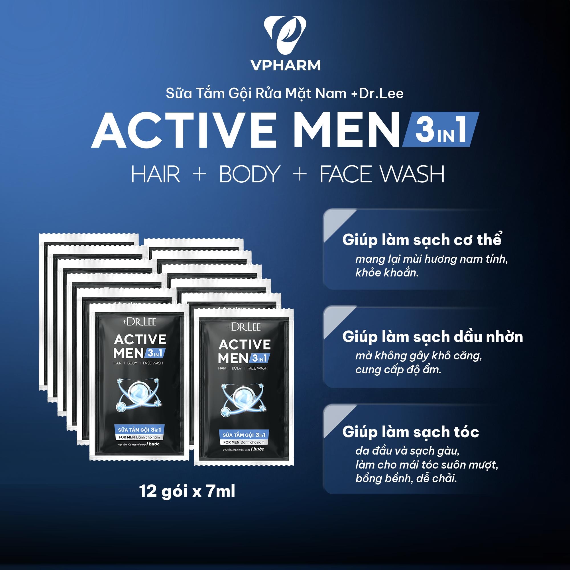 Dây 12 Gói 3in1 +Dr.Lee Active Men (7ml/gói) – Sữa Tắm Gội Rửa Mặt Nam, Sạch Gàu, Mát Lạnh, Giảm Mụn Lưng