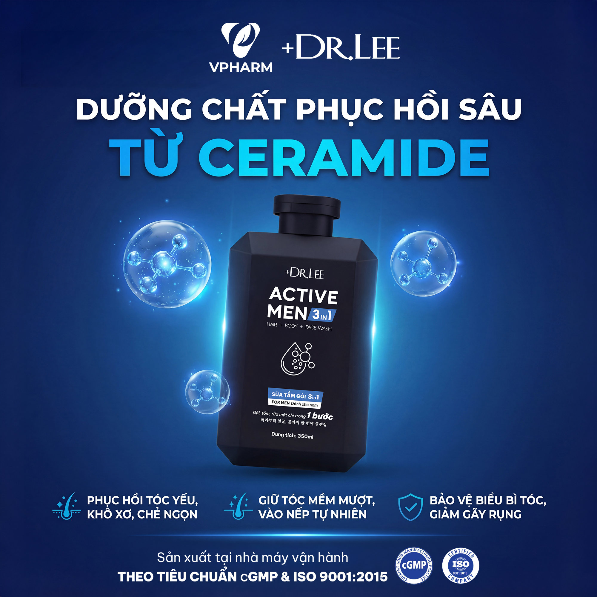 Sữa Tắm Gội Rửa Mặt Nam 3in1 +Dr.Lee Active Men 350ml – Dầu Gội Sạch Gàu, Sữa Tắm Mát Lạnh, Giảm Mụn Lưng
