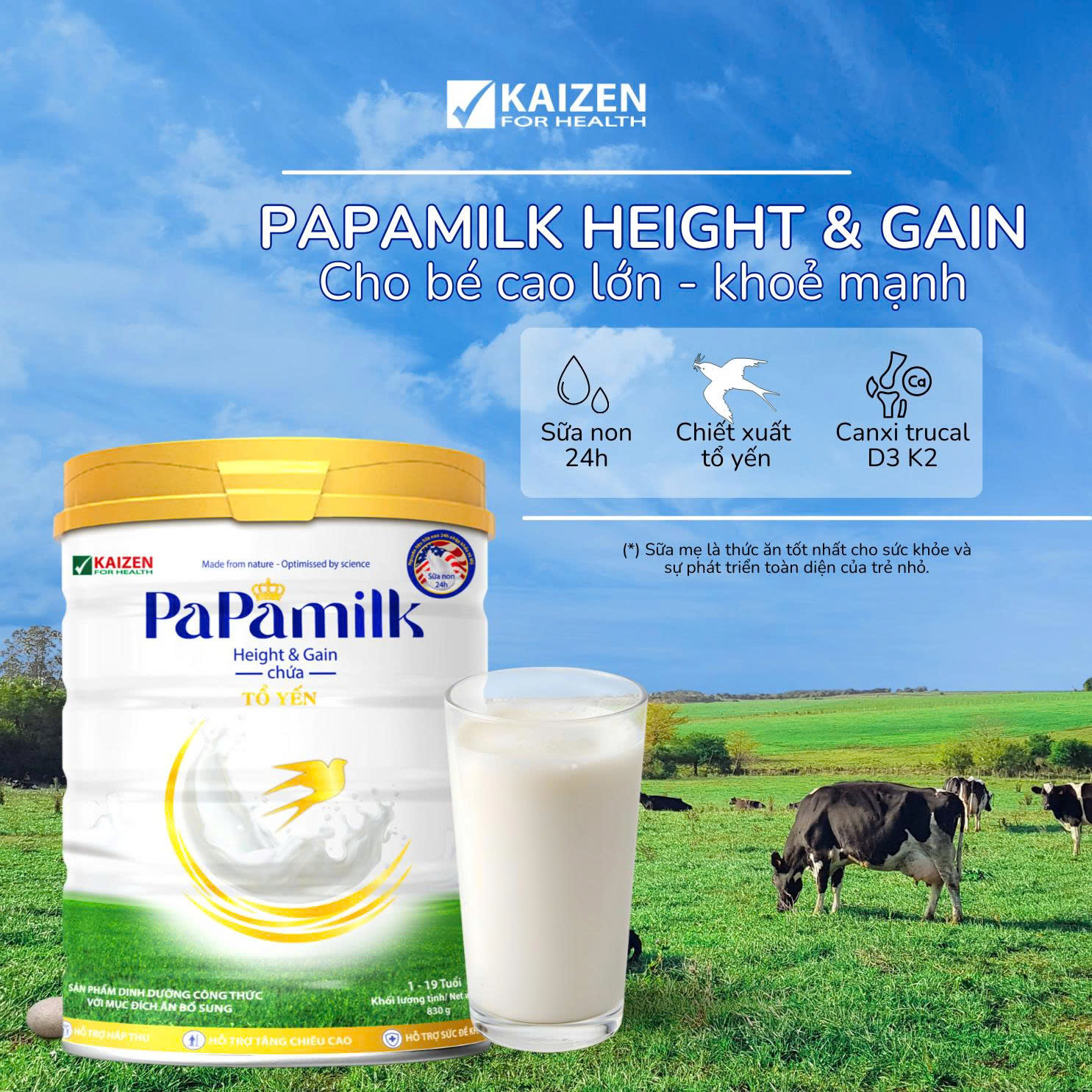 Sữa non tổ yến Papamilk Height & Gain giúp tăng cân tăng chiều cao cho Trẻ từ 1-19 tuổi - Lon 830G