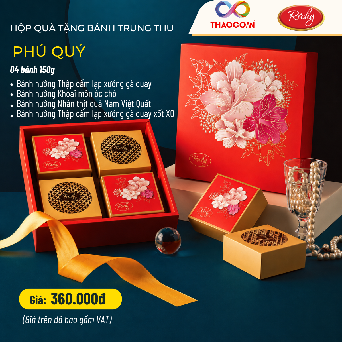 Trung Thu 2026 - Hộp Phú Quý (Cam) (04 bánh 150g) kèm túi - Phân phối chính hãng