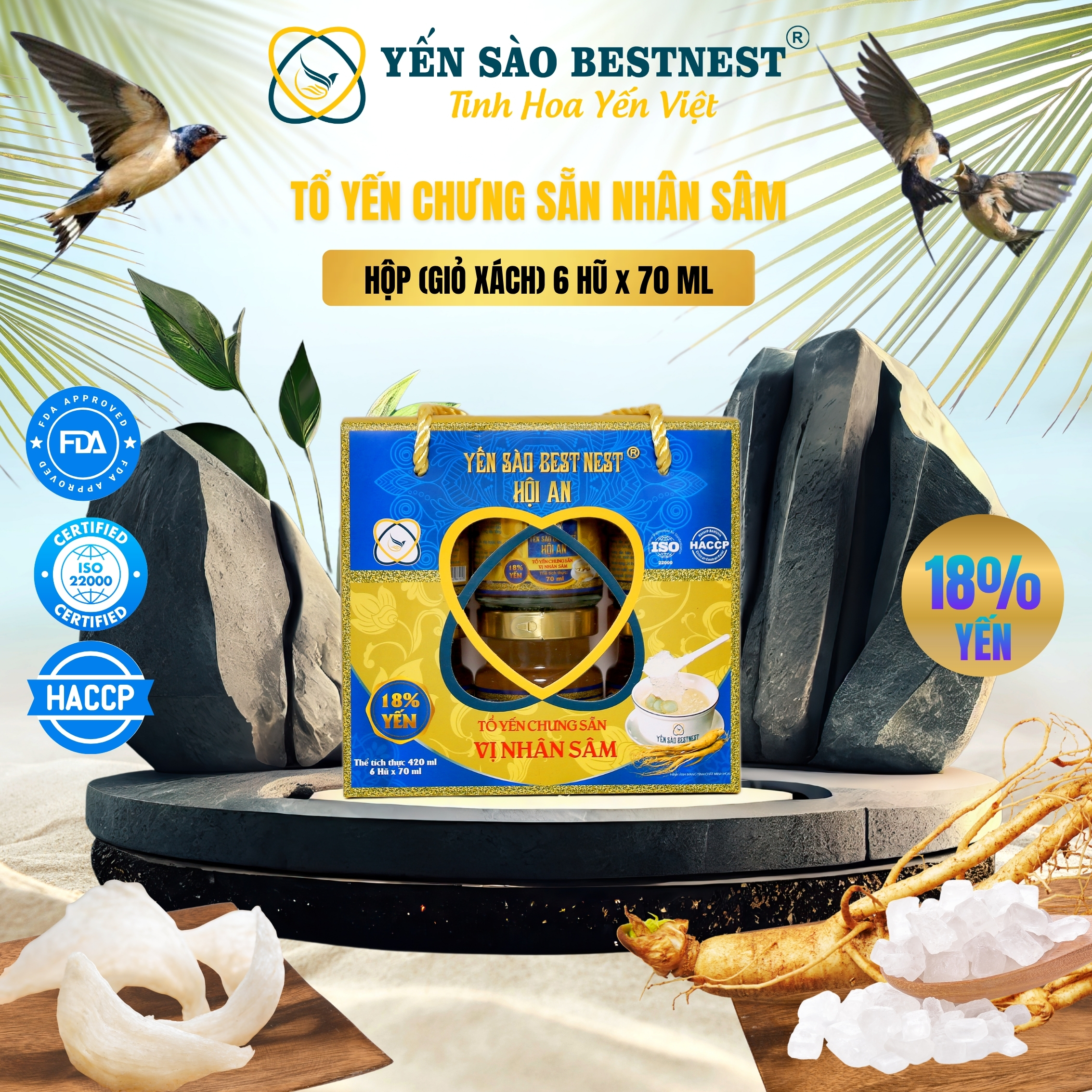 Hộp 6 hũ Tổ yến chưng sẵn BESTNEST HỘI AN 18% Hương Sâm