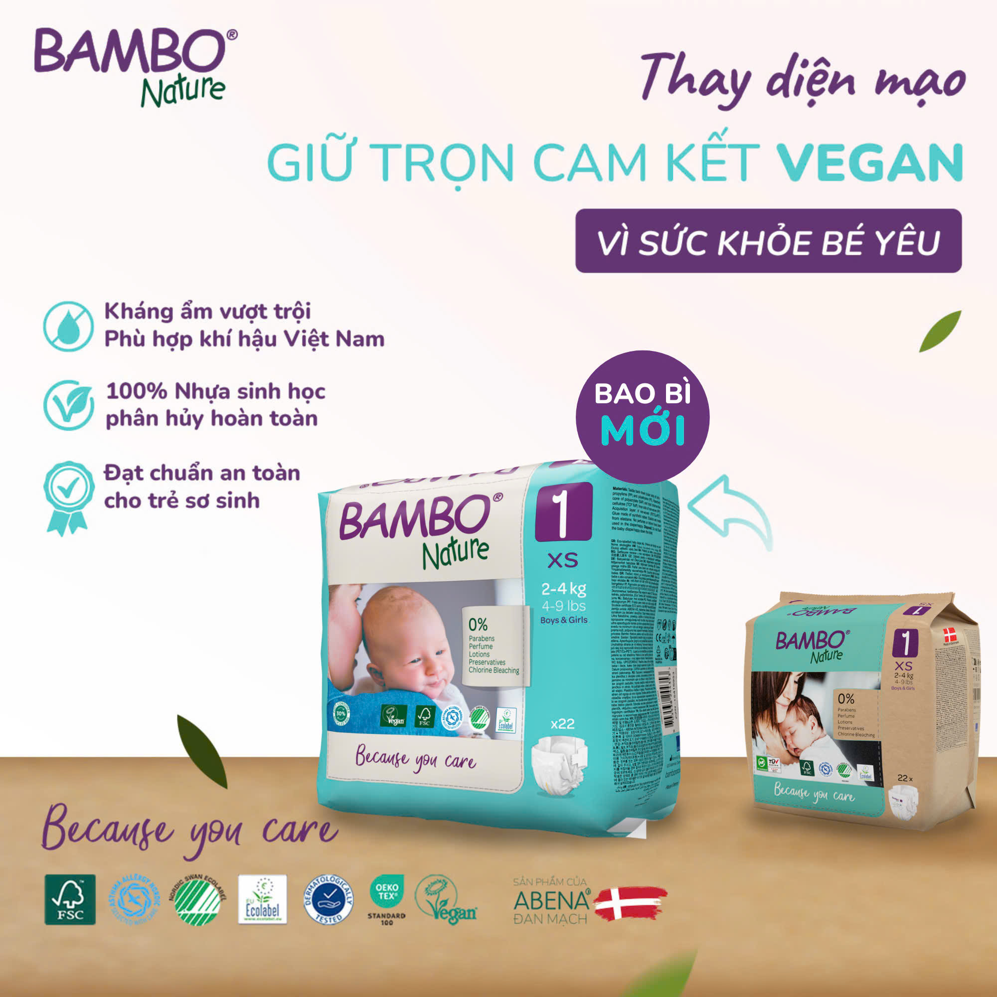 Tã dán trẻ em số 1- Bambo Nature size 1-XS, từ 2-4kg, 22 miếng/gói, bao bì màu xanh