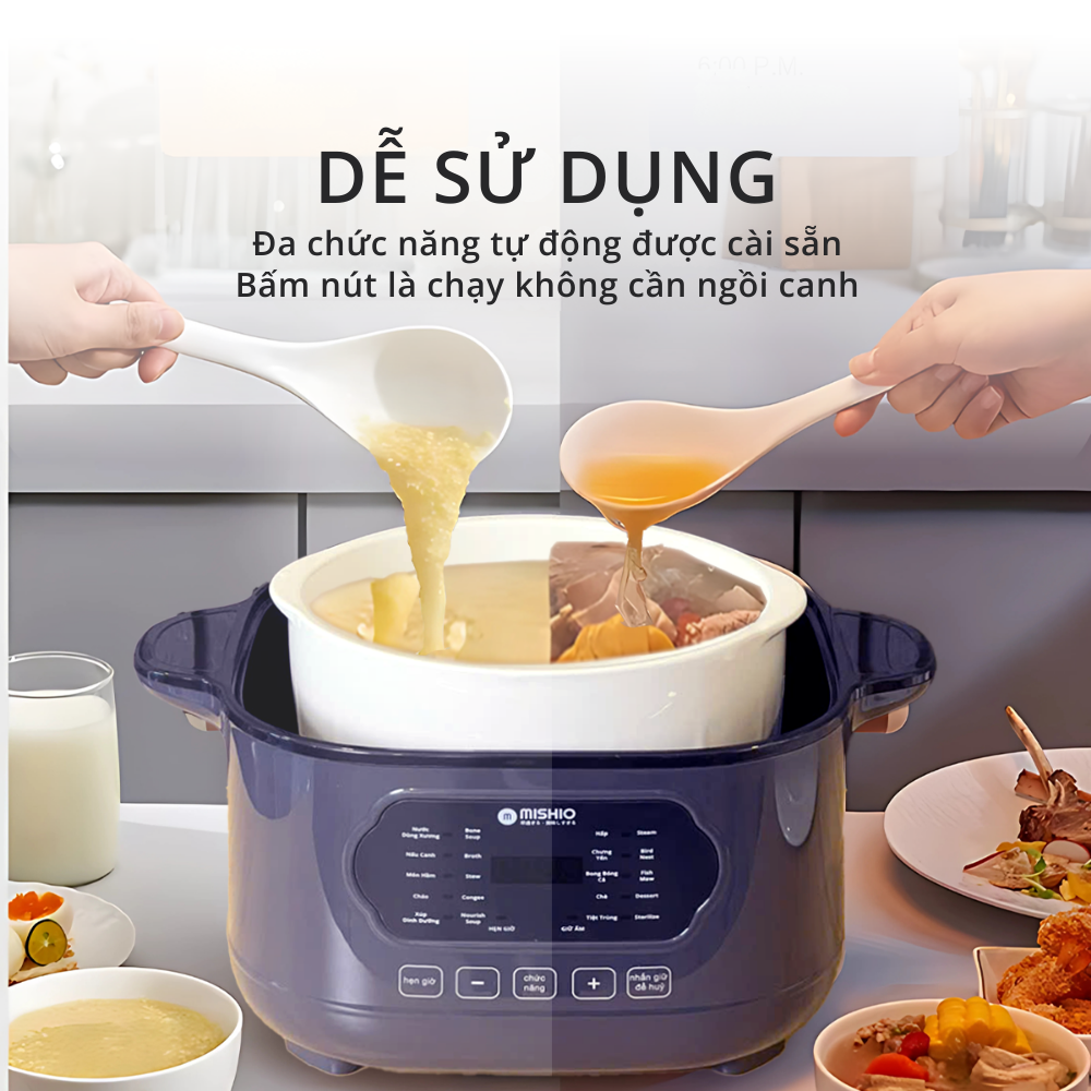 Nồi nấu chậm lòng sứ 3L Mishio MK397 kèm xửng hấp và 4 thố sứ tiện lợi không lo cháy khét hay bong tróc chống dính - 5