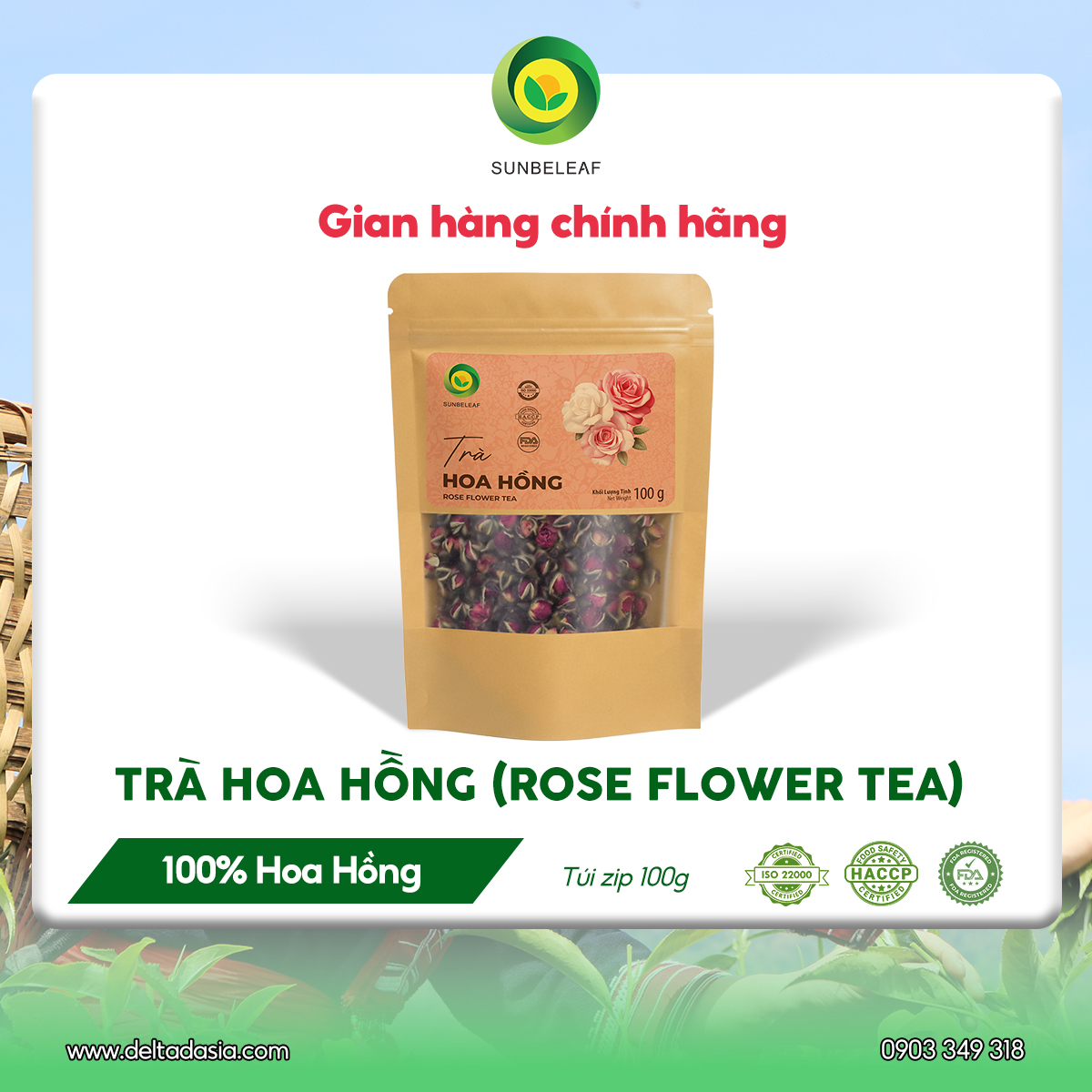 Trà Hoa Hồng Sunbeleaf - Thức Uống Thảo Mộc Dịu Nhẹ Cho Phái Đẹp - Túi 100g