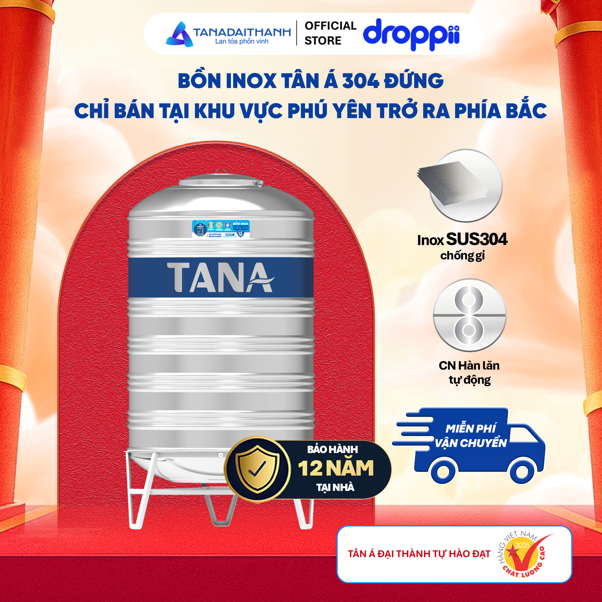 Bồn inox Tân Á đứng 2500l ĐK 1140 (Phân phối từ khu vực Bình Định trở ra phía Bắc)