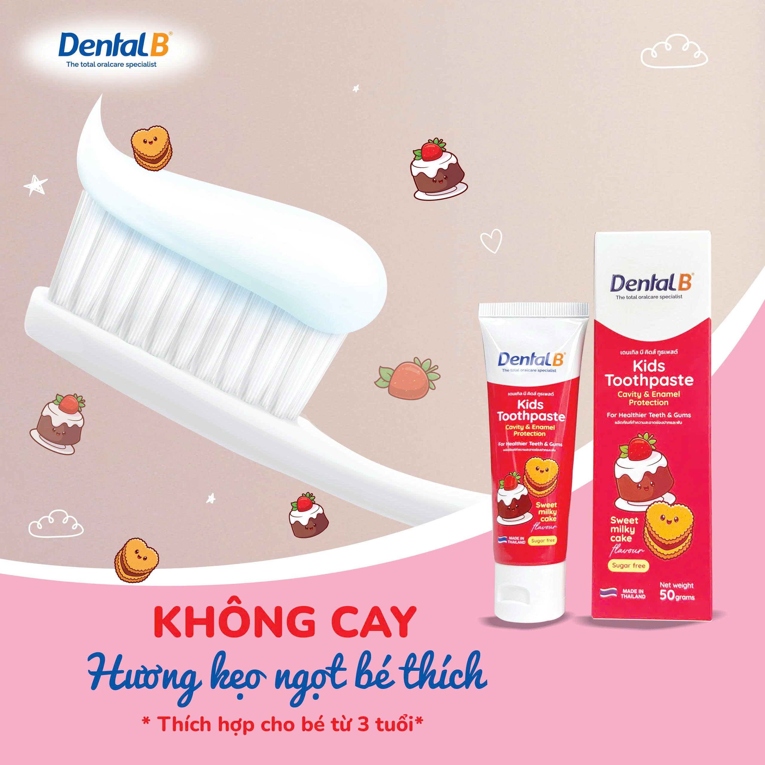 Kem đánh răng thảo dược trẻ em Dental B Thái Lan vị kẹo ngọt 50gr