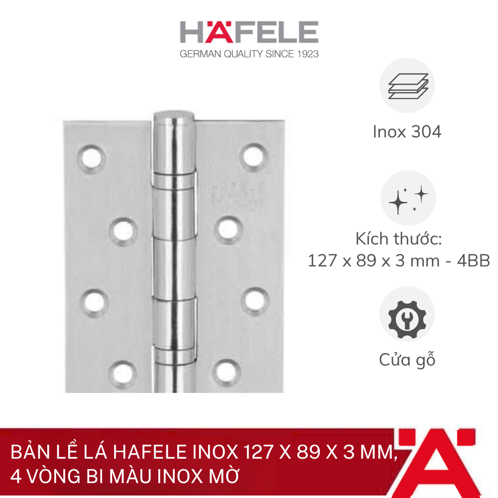 Bản lề lá Hafele inox 127 x 89 x 3 mm, 4 vòng bi Màu Inox mờ 489.05.025