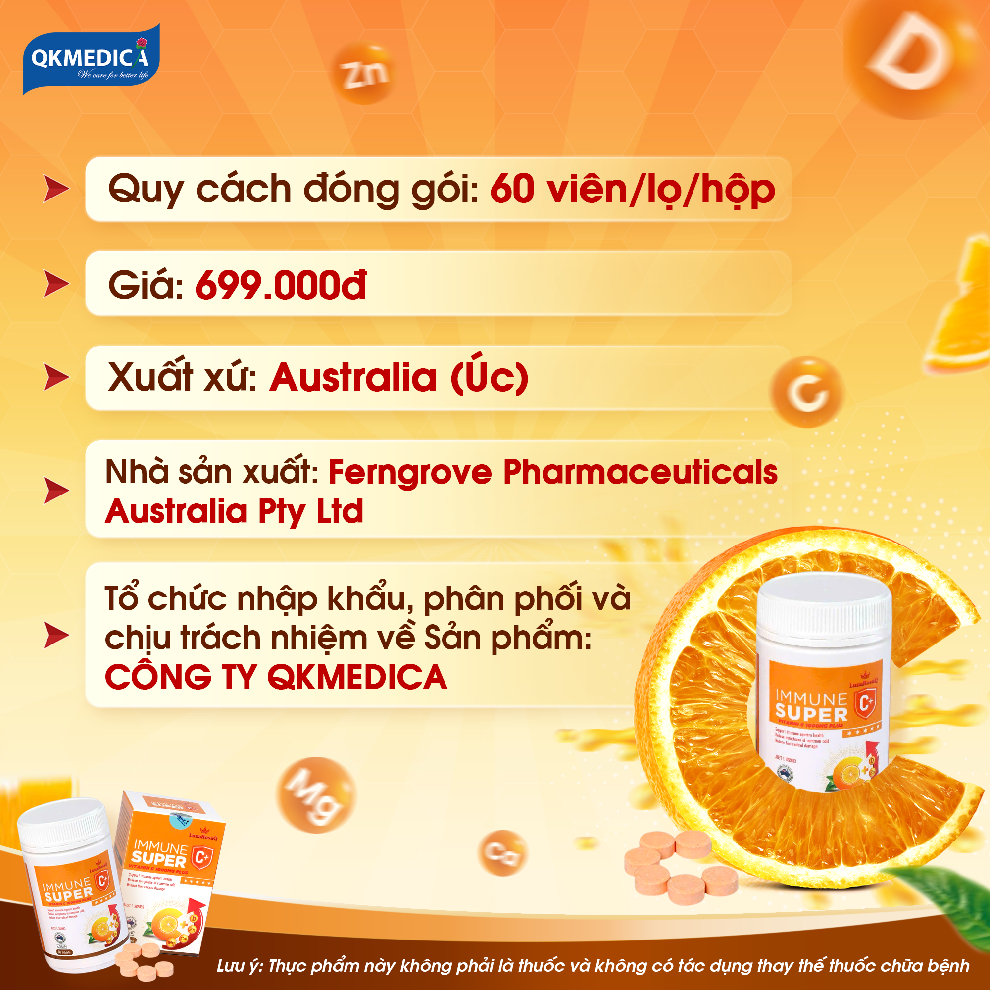 Thực phẩm bảo vệ sức khỏe LunaRosaQ Immune Super C+ (hộp 60 viên)