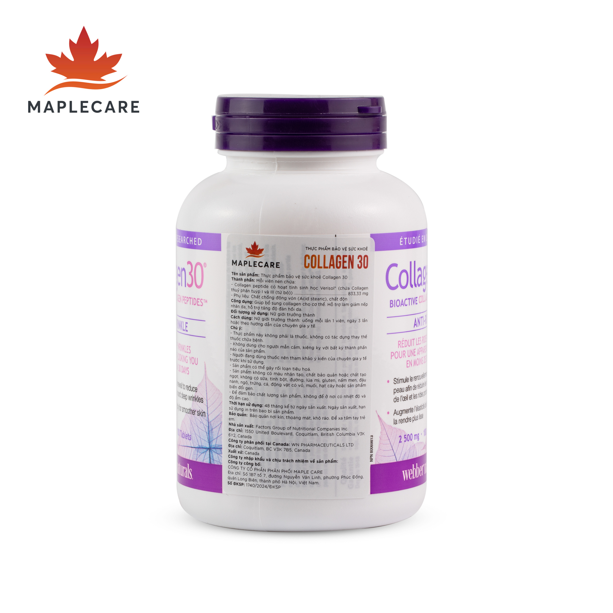 Thực phẩm bảo vệ sức khoẻ WEBBER NATURALS Collagen30® Anti-Wrinkle Bioactive Collagen Peptides™ Tablets (Hộp 180 viên)