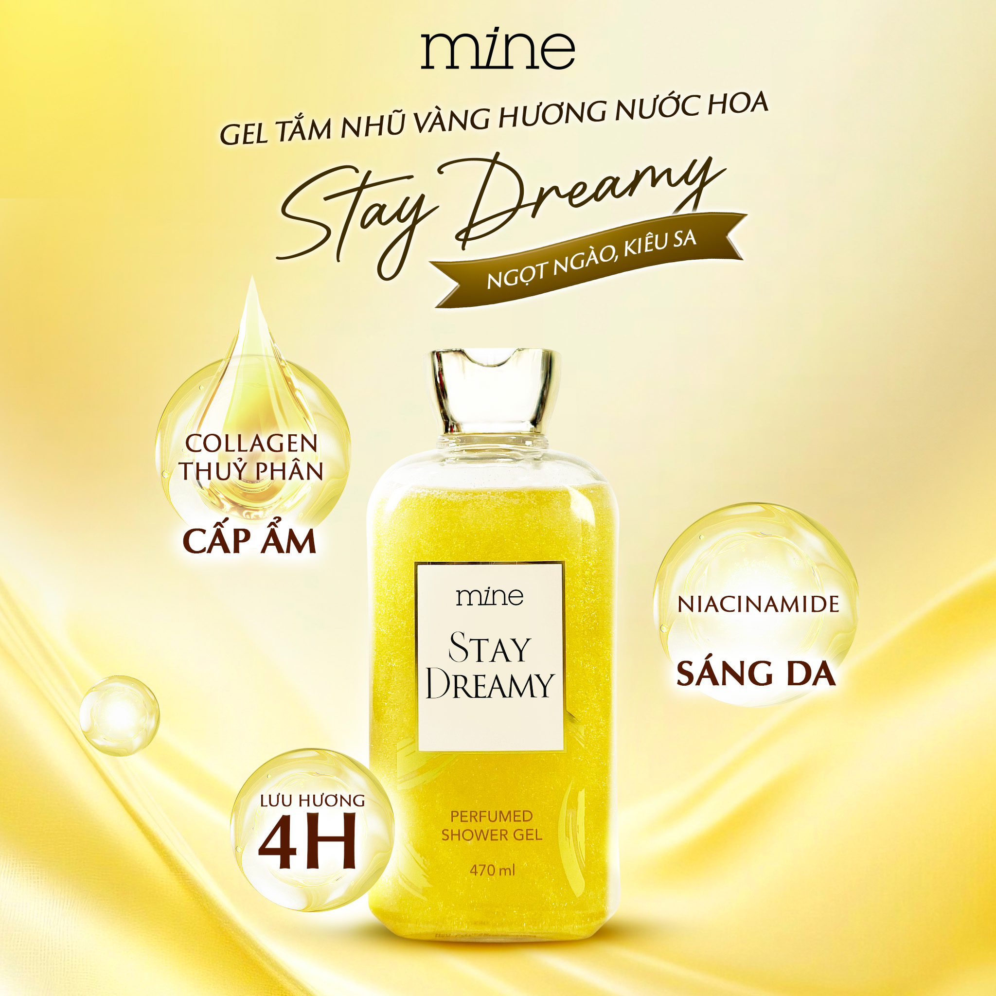 Gel tắm trắng nhũ vàng nước hoa Mine Stay Dreamy 470ml