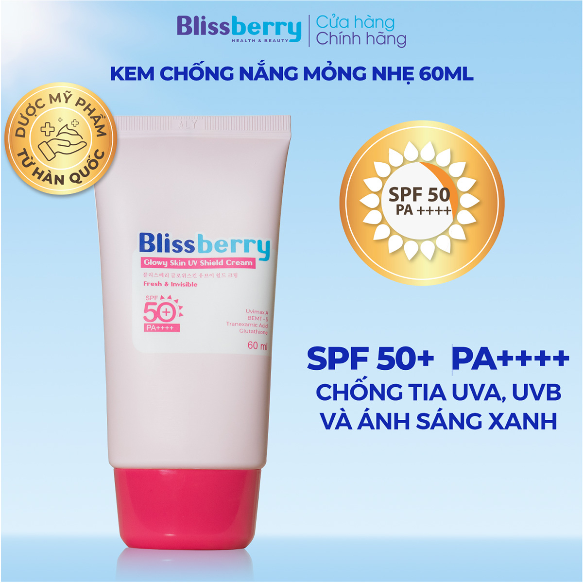 Kem chống nắng mỏng nhẹ sáng da SPF50+, PA+++ Blissberry 60ml - 2