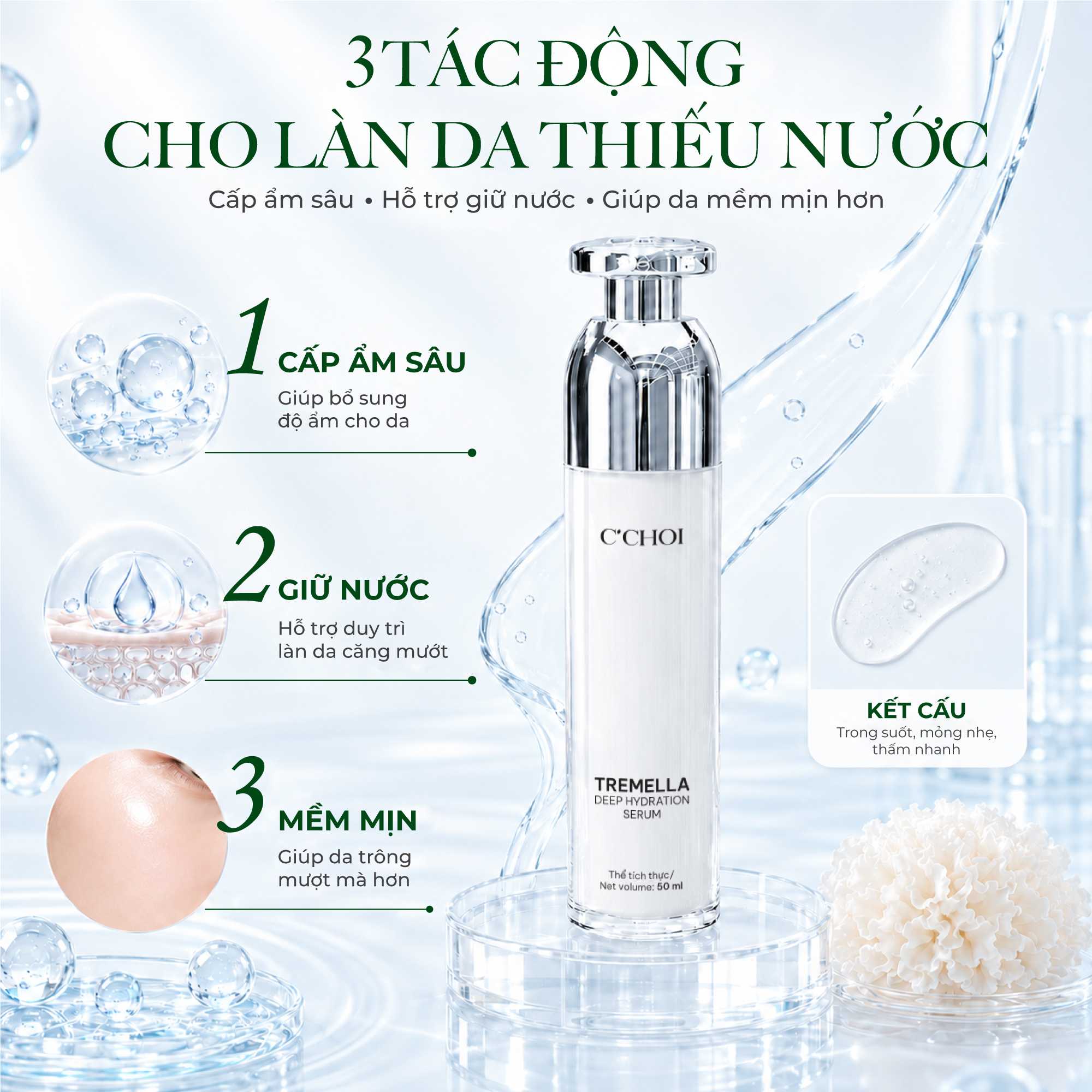 Serum cấp ẩm, chống nhăn da, hỗ trợ làm mờ các dấu hiệu lão hóa da C'Choi - Tremella Deep Hydration Serum - 50ml