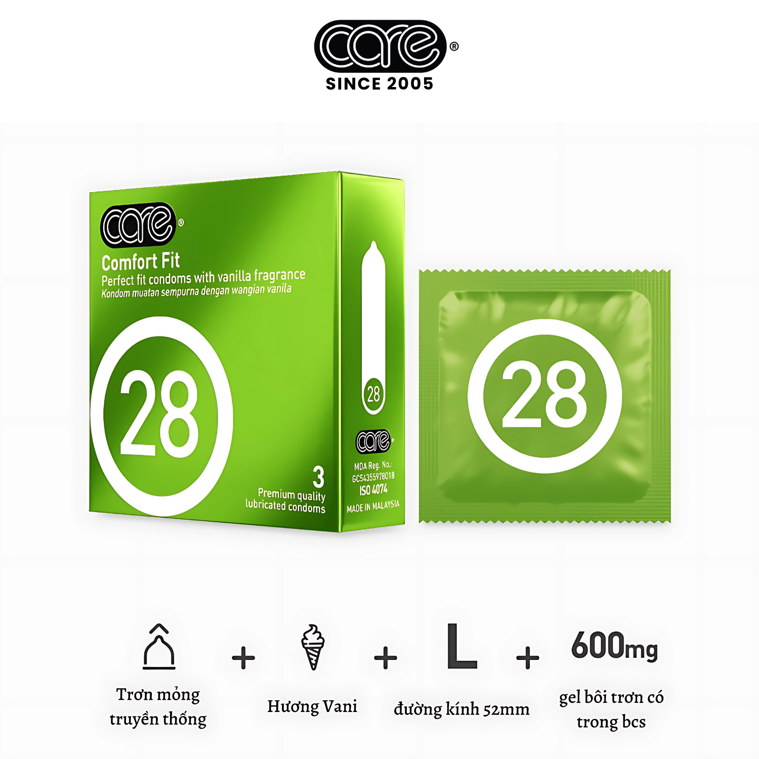 Bao cao su CARE 28 trơn mỏng truyền thống - hương vani (hộp 3 bcs)