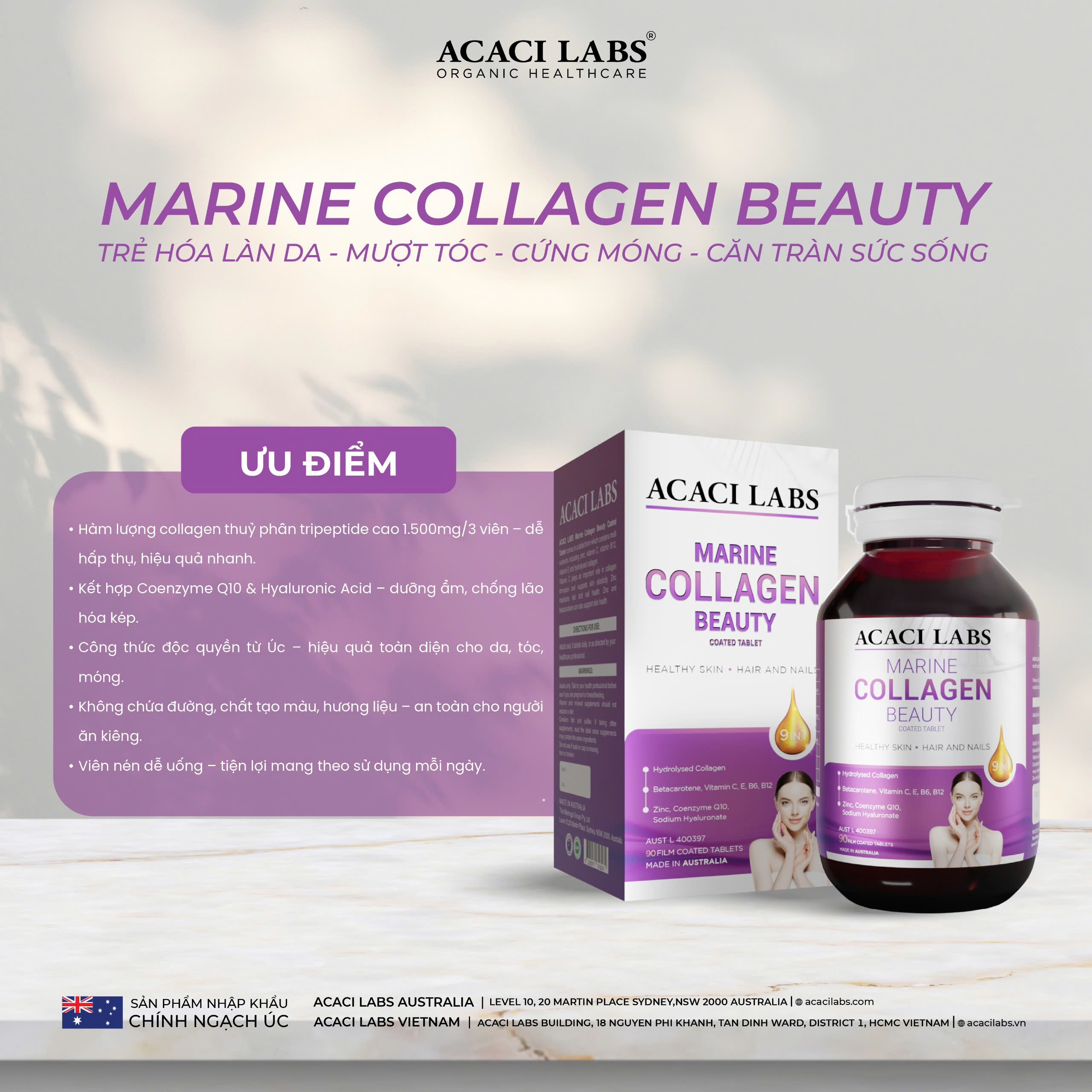 Collagen thủy phân hỗ trợ Da Móng Tóc Acai Labs Marine Collagen Beauty Australia 90v