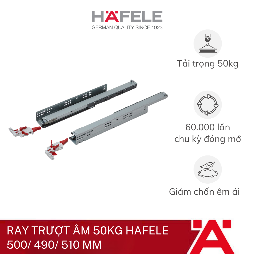 Ray trượt âm 50KG Hafele - 500/ 490/ 510 mm 433.32.135 - Phân phối chính hãng