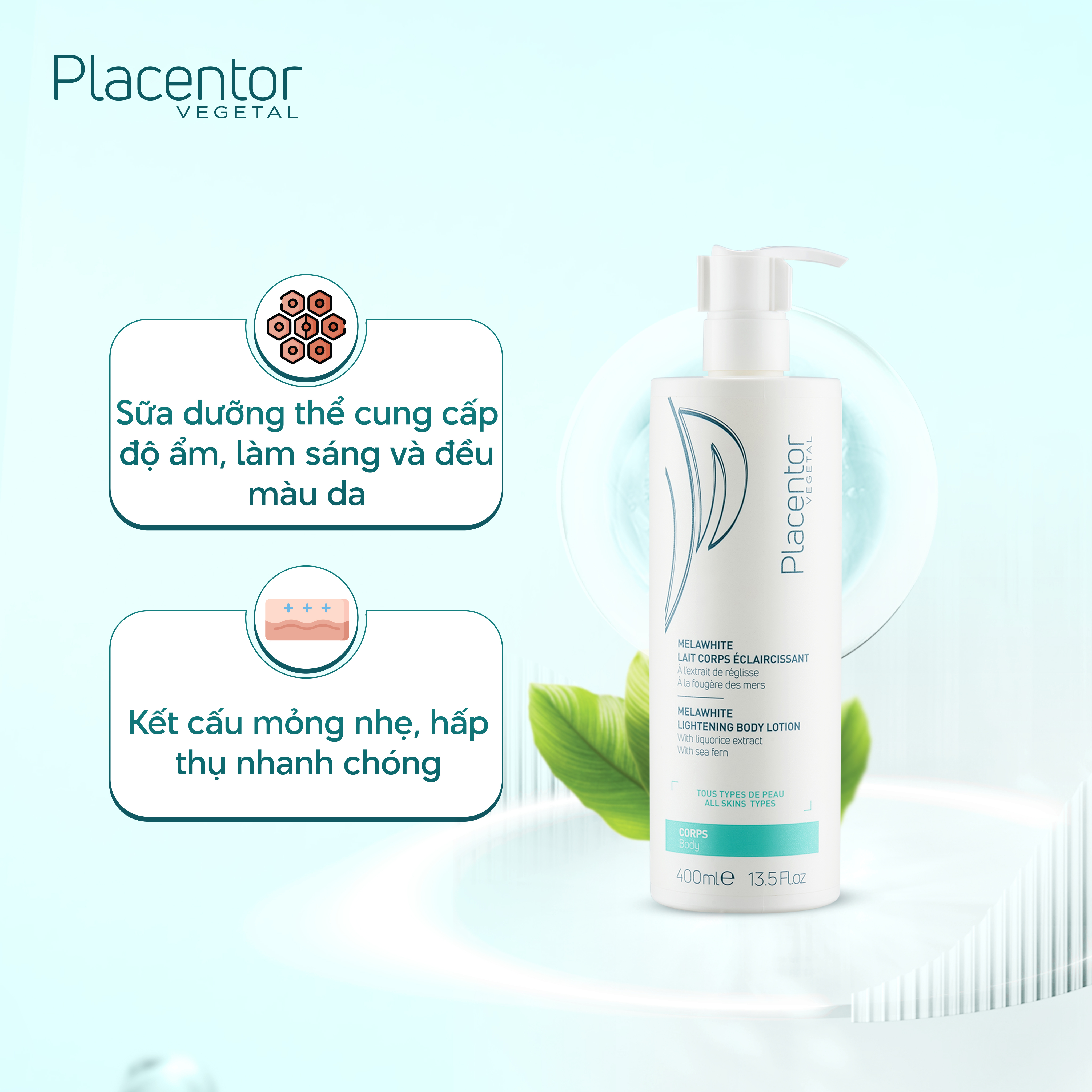 Sữa DưỡngToàn Thân Làm Trắng Da Placentor Vegetal Melawhite Lait Corps Eclaircissant Melawhite Lightening Body Lotion