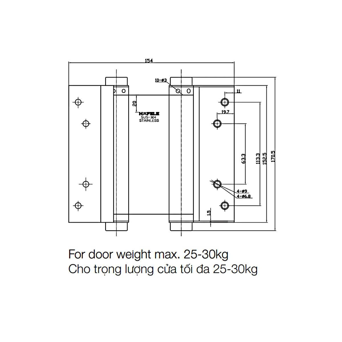 Bản lề bật 2 chiều Hafele 4“ / 12 - 16kg 927.97.020