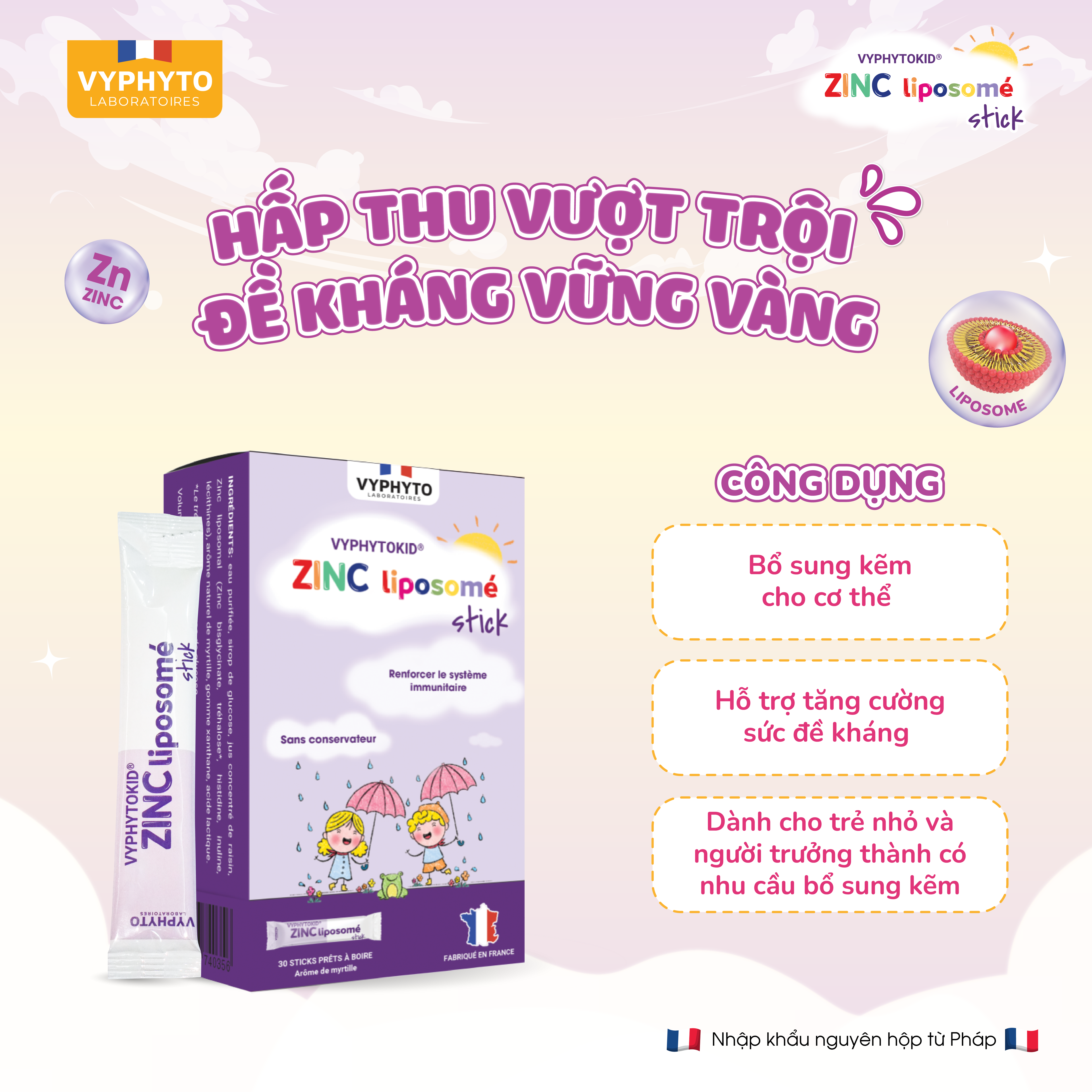 Thực phẩm bảo vệ sức khỏe VYPHYTOKID ZINC liposomé stick hỗ trợ bổ sung kẽm (hộp 14 gói) - 2