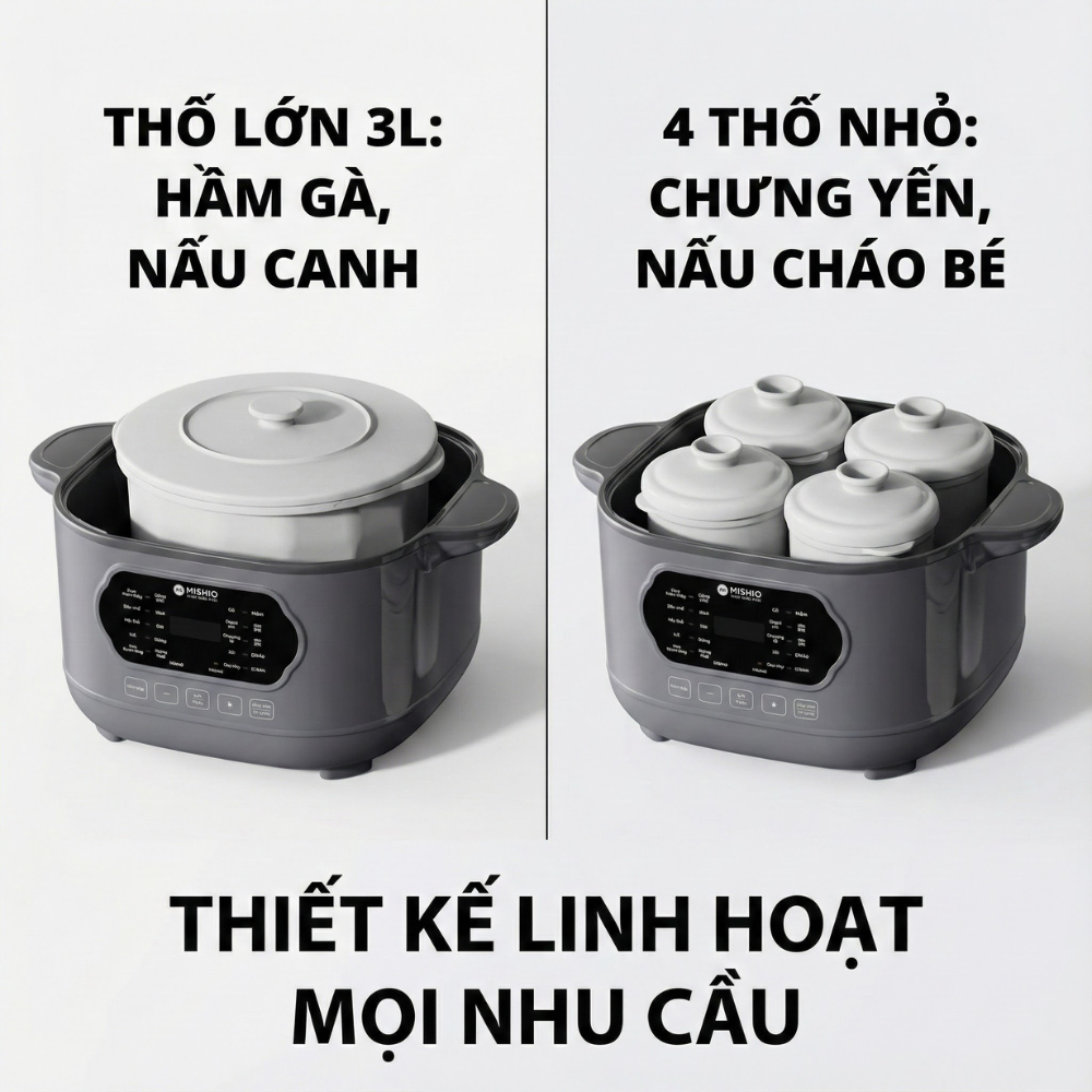 Nồi nấu chậm lòng sứ 3L Mishio MK397 kèm xửng hấp và 4 thố sứ tiện lợi không lo cháy khét hay bong tróc chống dính - 6