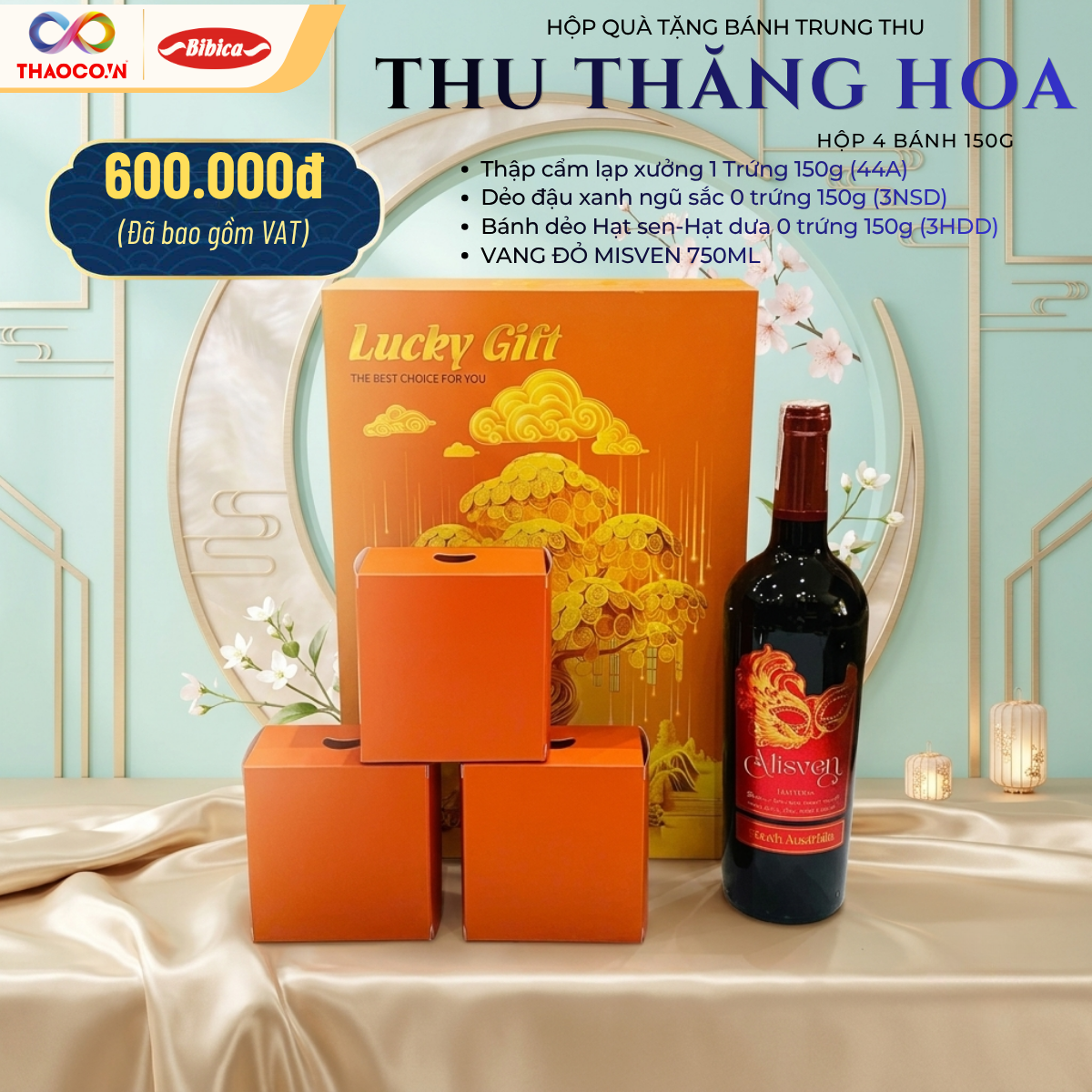 Bánh Trung Thu 2026 - Hộp Thu Thăng Hoa (03 bánh 150g + Vang đỏ Misven 750ml) kèm túi - Phân phối chính hãng
