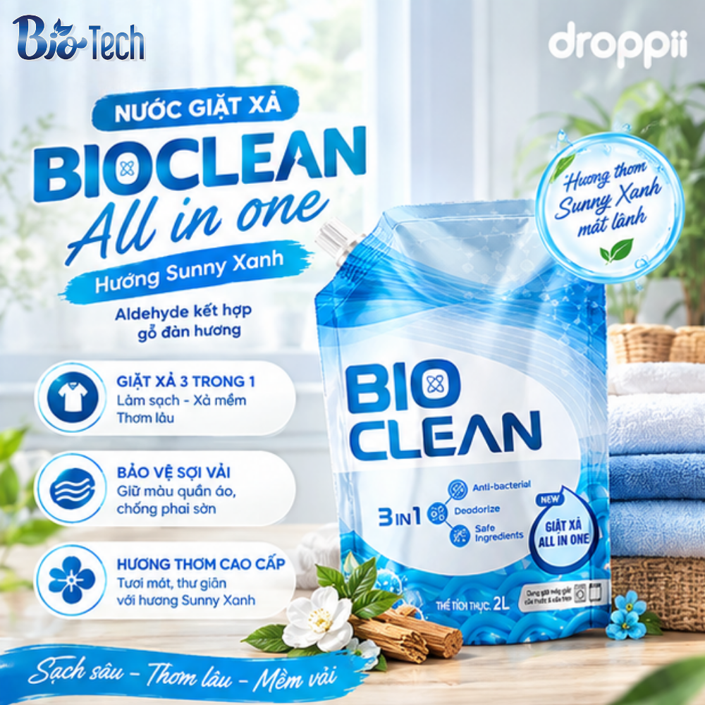 Nước giặt xả All in one BIOCLEAN hương Sunny Xanh 2000ml