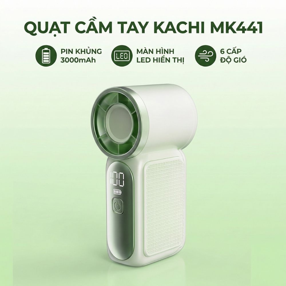 Quạt Cầm Tay Kachi MK441 - Pin Khủng 3000mAh, Màn Hình LED Hiển Thị, 6 Cấp Độ Gió (Bảo Hành 18 Tháng)