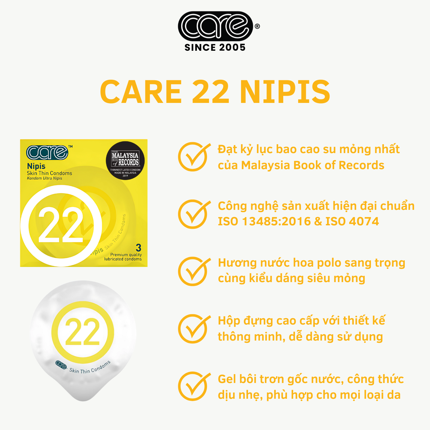 Bao cao su CARE 22 cao su tự nhiên siêu mỏng - hương nước hoa (hộp 6 bcs)