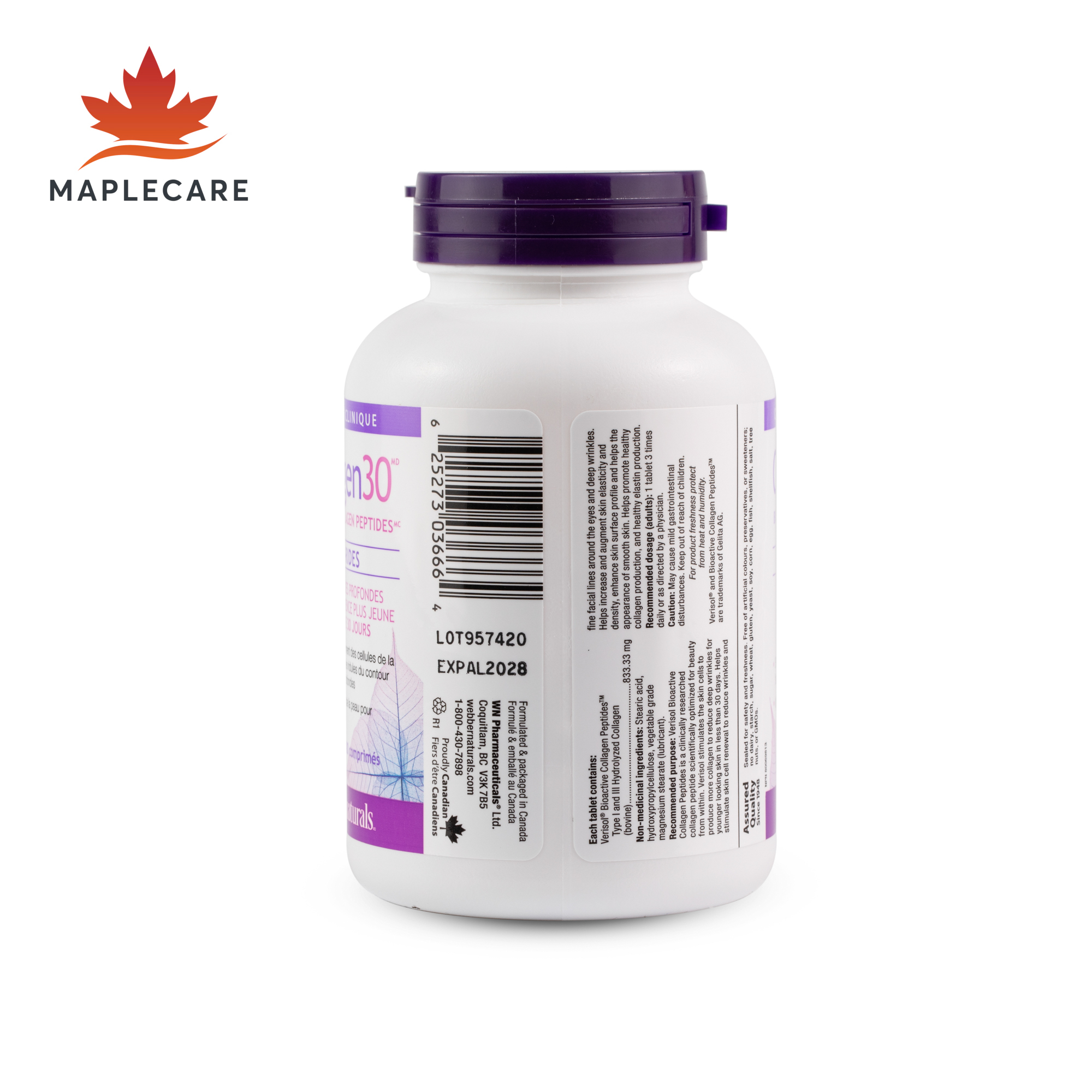 Thực phẩm bảo vệ sức khoẻ WEBBER NATURALS Collagen30® Anti-Wrinkle Bioactive Collagen Peptides™ Tablets (Hộp 180 viên)