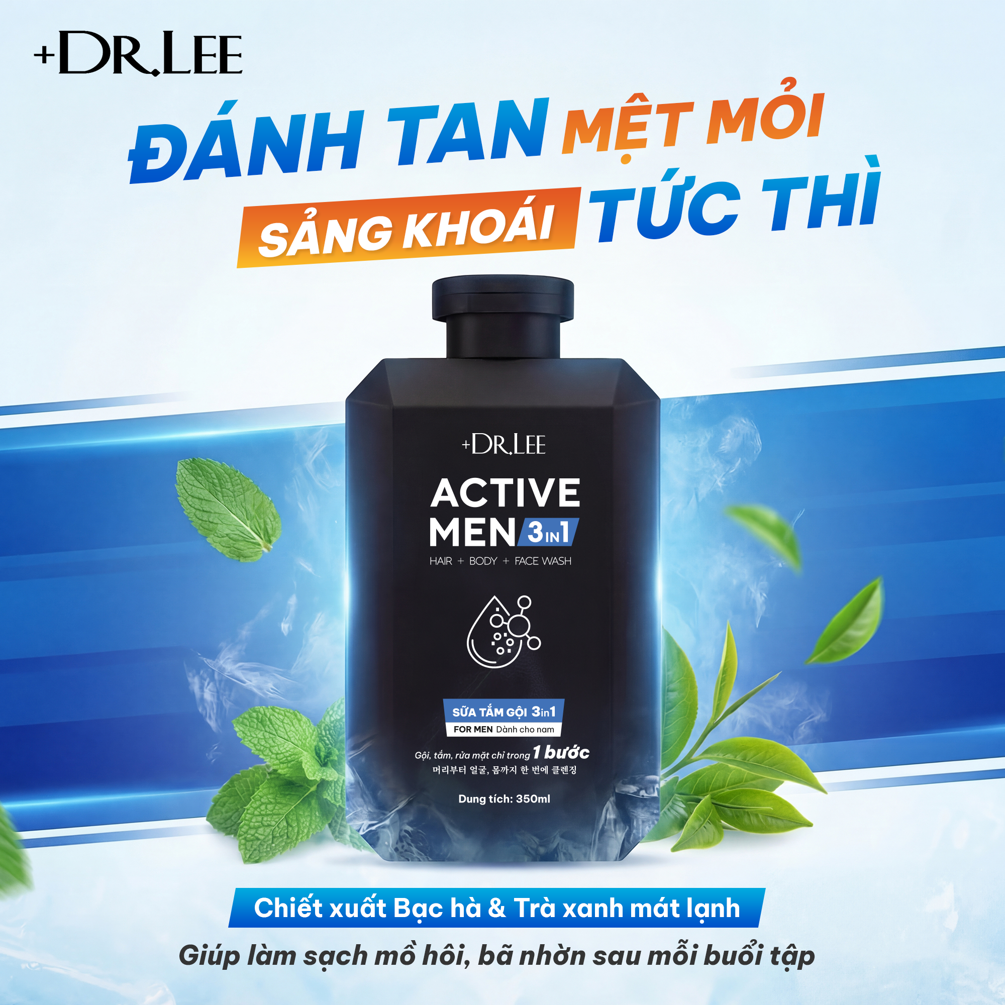 Sữa Tắm Gội Rửa Mặt Nam 3in1 +Dr.Lee Active Men 350ml – Dầu Gội Sạch Gàu, Sữa Tắm Mát Lạnh, Giảm Mụn Lưng
