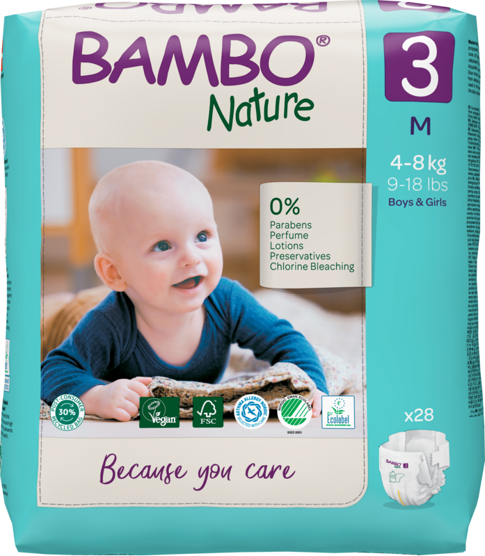 Tã dán trẻ em số 3 - Bambo Nature size 3-M, từ 4 - 8kg, 28 miếng/gói, bao bì màu xanh