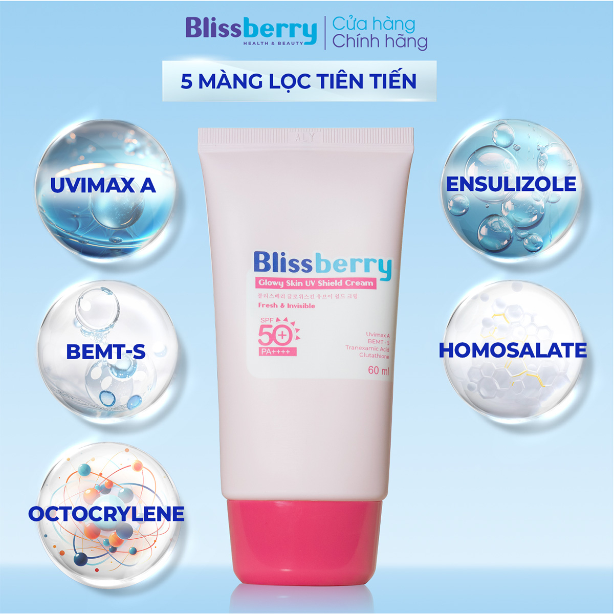 Kem chống nắng mỏng nhẹ sáng da SPF50+, PA+++ Blissberry 60ml - 4