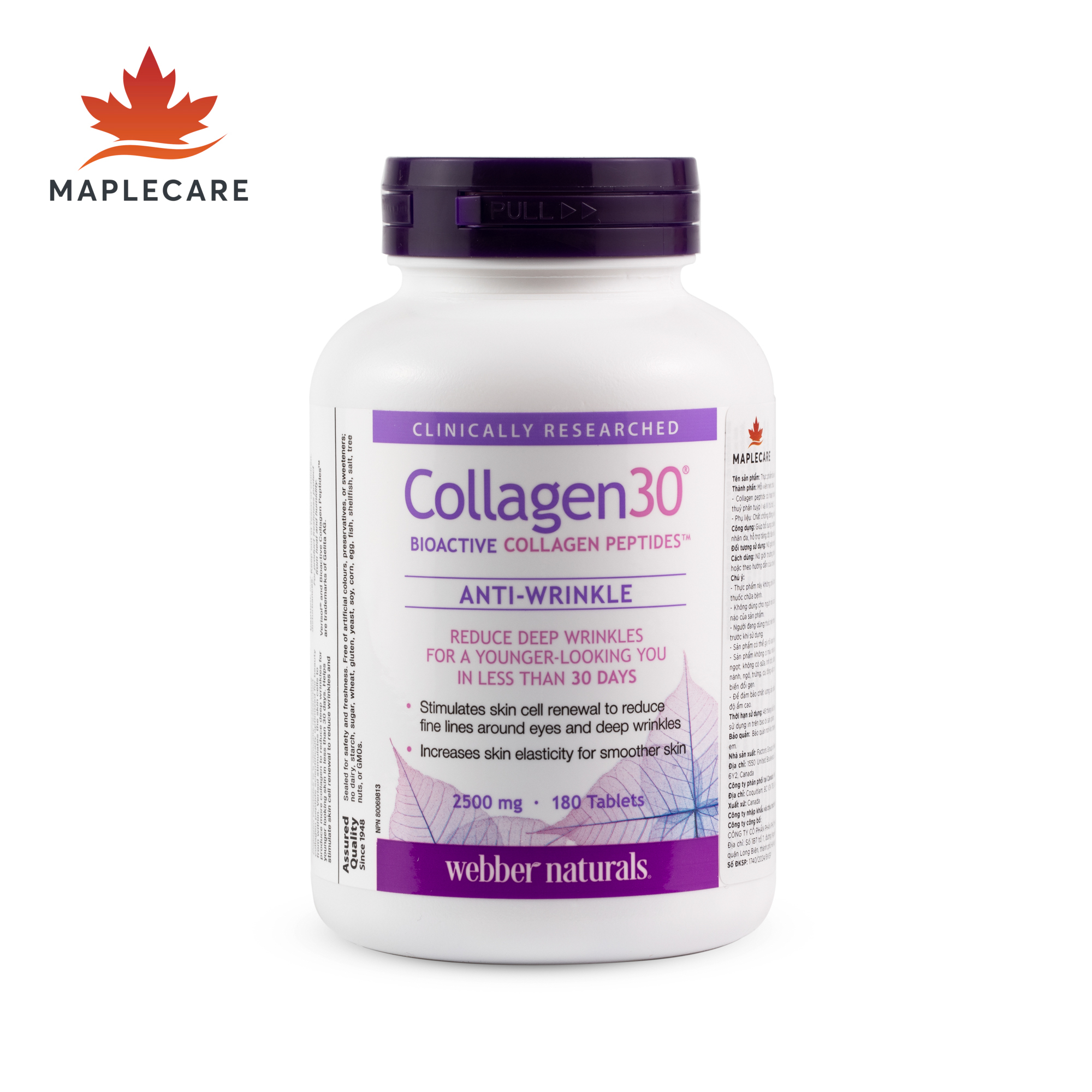 Thực phẩm bảo vệ sức khoẻ WEBBER NATURALS Collagen30® Anti-Wrinkle Bioactive Collagen Peptides™ Tablets (Hộp 180 viên)