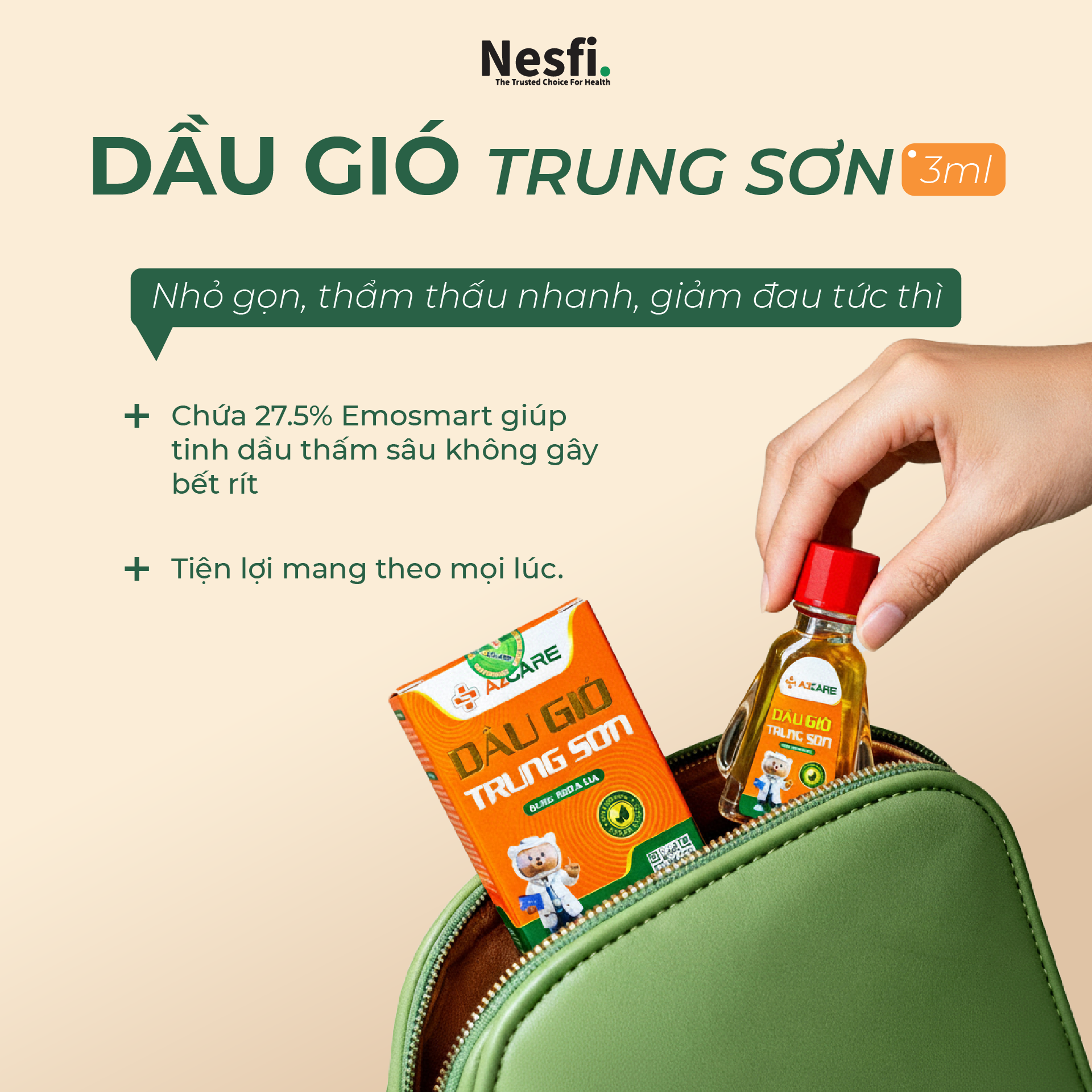 Dầu gió Trung Sơn chai 3ml (Hỗ trợ giảm nhức đầu, say tàu xe, chóng mặt, ngạt mũi)