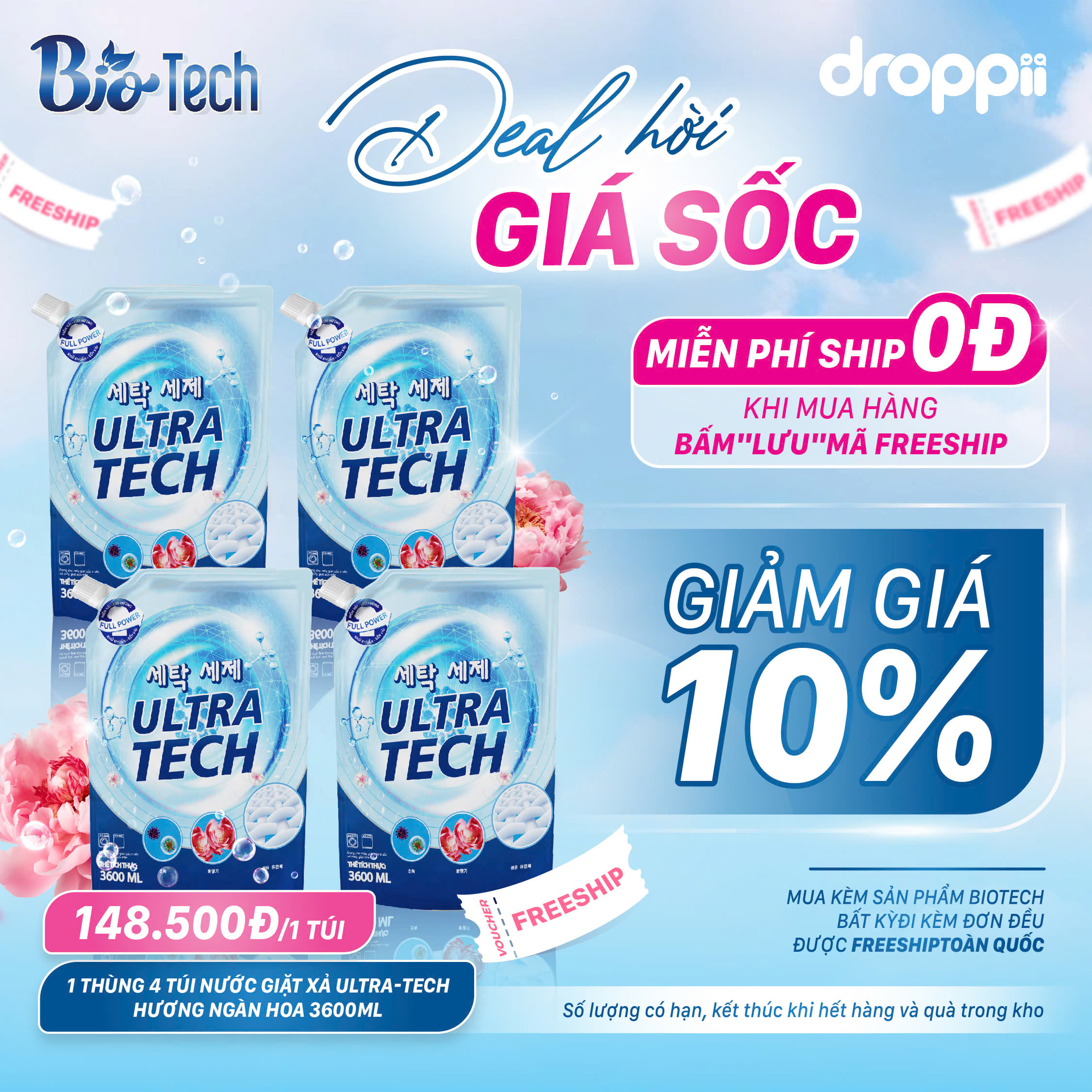 Thùng 4 túi Nước giặt xả Ultra Tech hương ngàn hoa 3600ml - 1