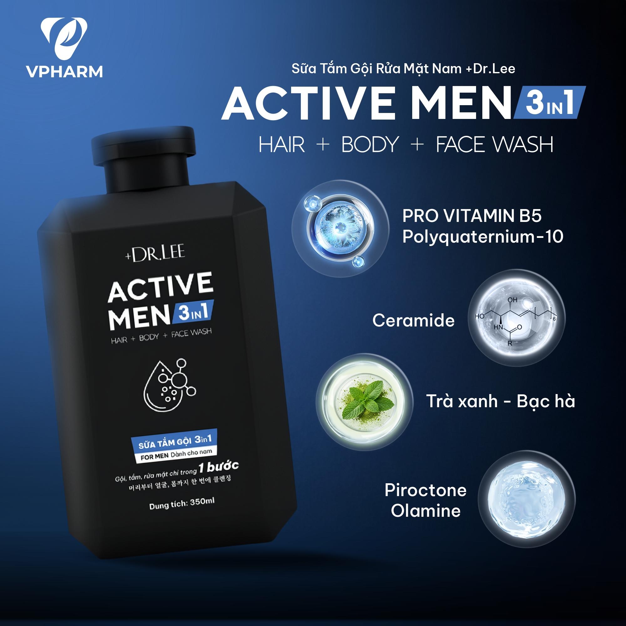 Sữa Tắm Gội Rửa Mặt Nam 3in1 +Dr.Lee Active Men 350ml – Dầu Gội Sạch Gàu, Sữa Tắm Mát Lạnh, Giảm Mụn Lưng
