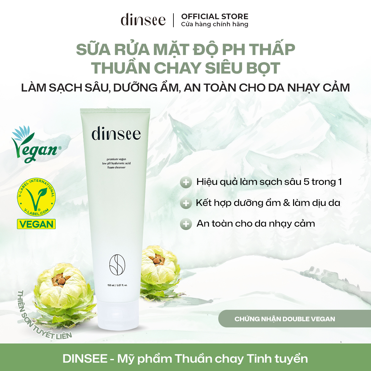 Sữa Rửa Mặt Độ Ph Thấp Thuần Chay Siêu Bọt Dinsee Premium Vegan Low Ph Hyaluronic Acid Foam Cleanser - Phân phối chính hãng